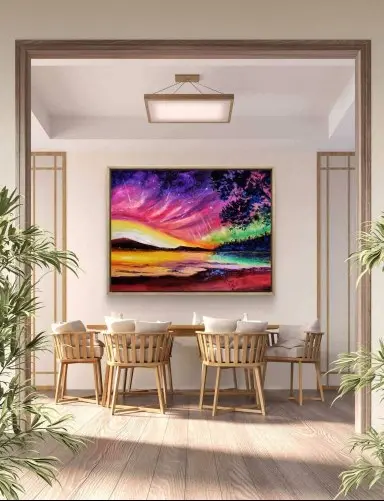 Vibrant sunset painting in modern dining room