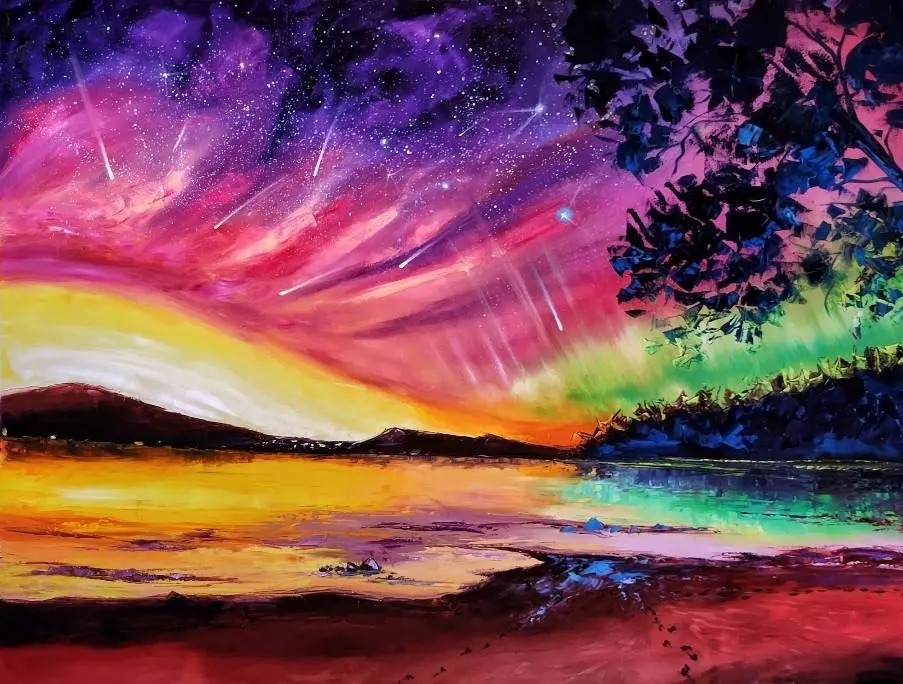 Vibrant sunset with meteor shower over a serene lake