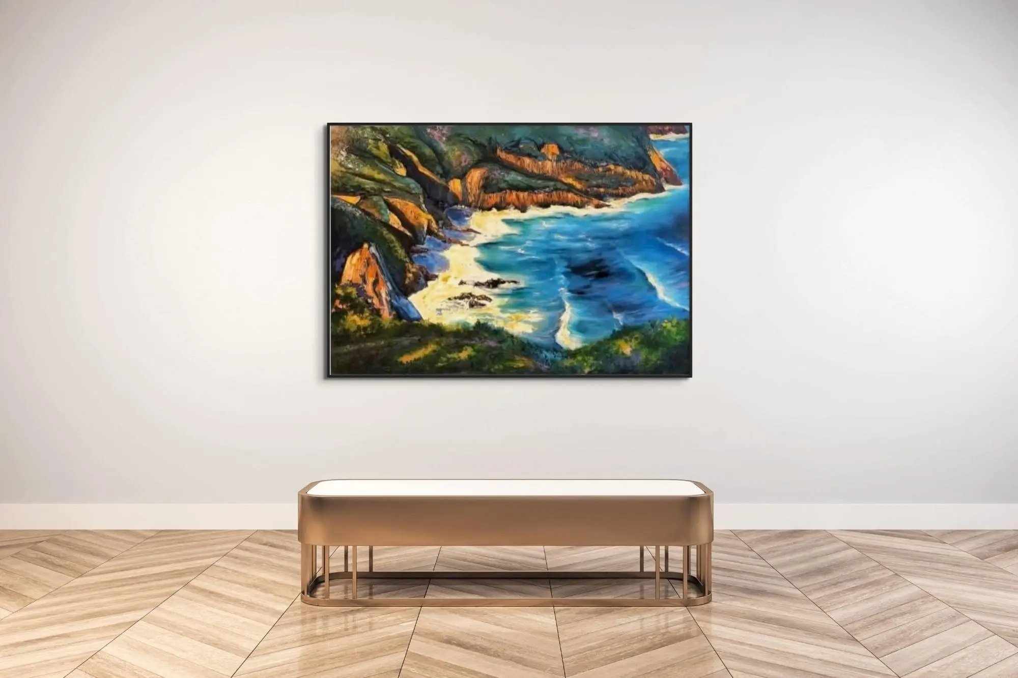 Landscape painting in gallery with gold bench