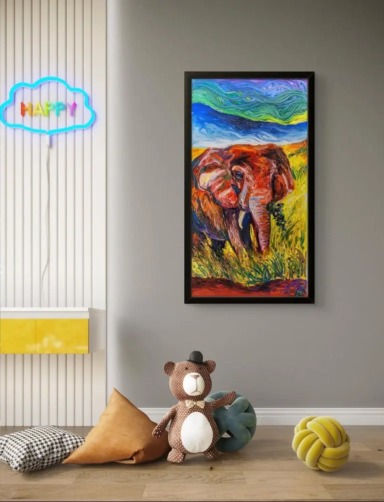 Vibrant elephant painting in stylish room with toys