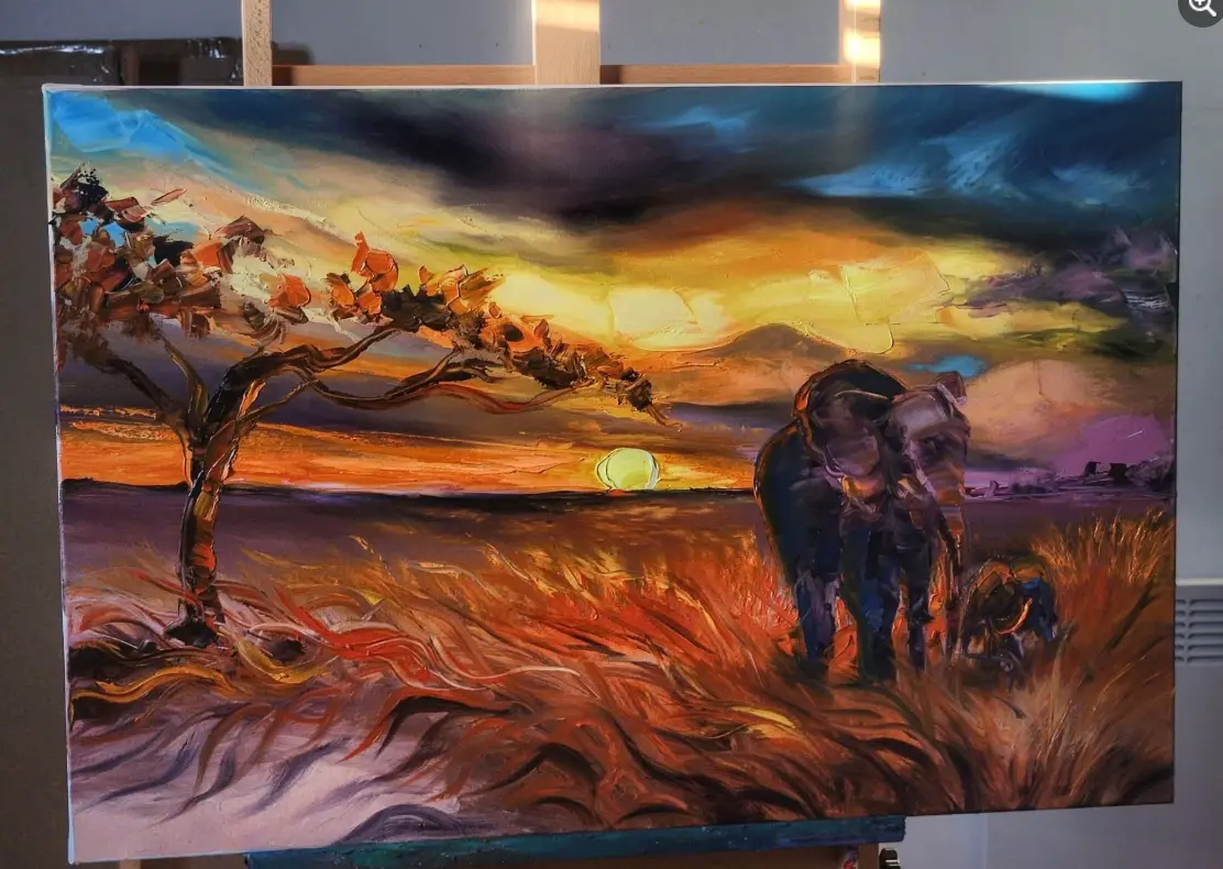 Dramatic outback sunset painting with bent tree and figures