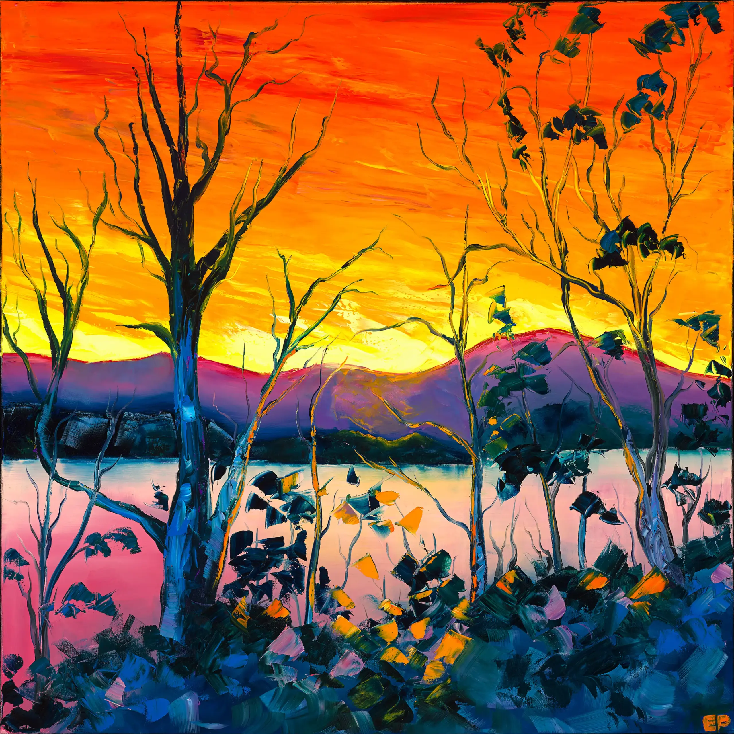 Vibrant sunset over lake with silhouetted trees painting