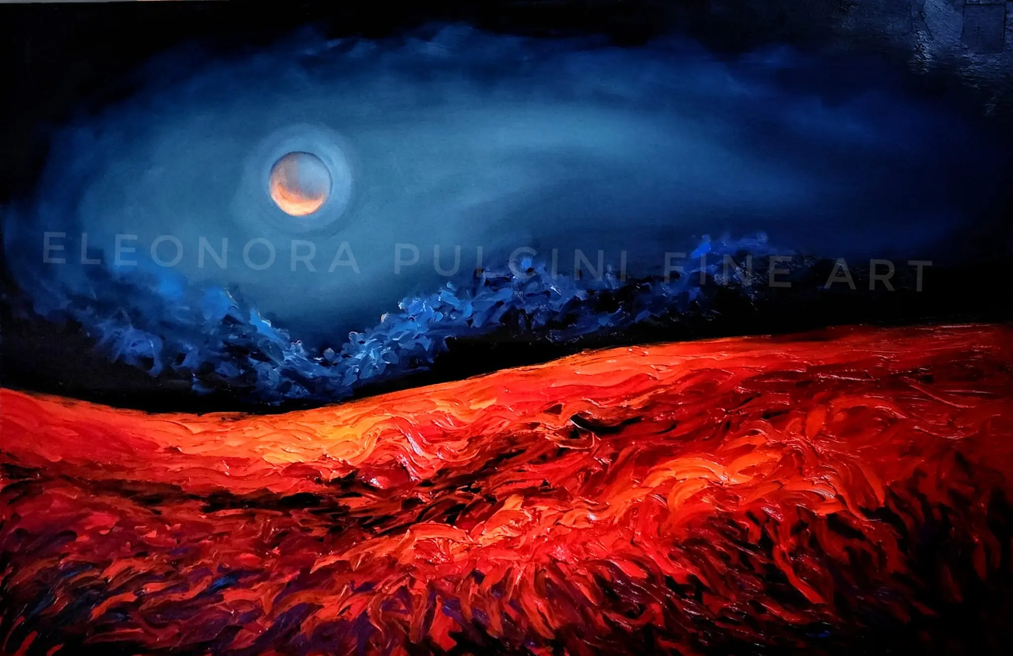 Abstract art of moonlit sky over fiery landscape