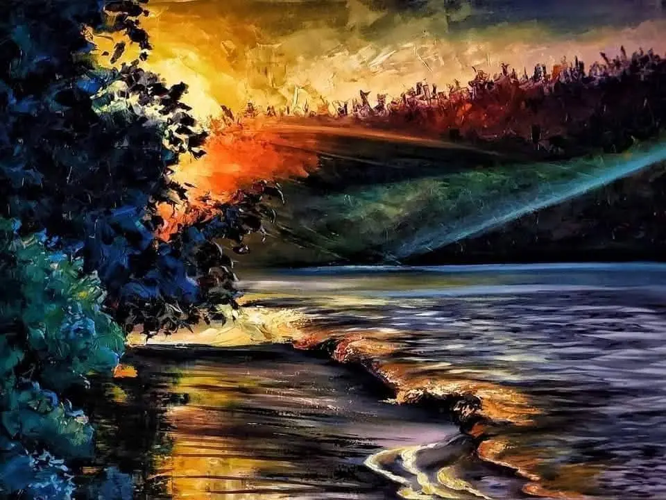 Vibrant sunset over serene Australian river landscape painting
