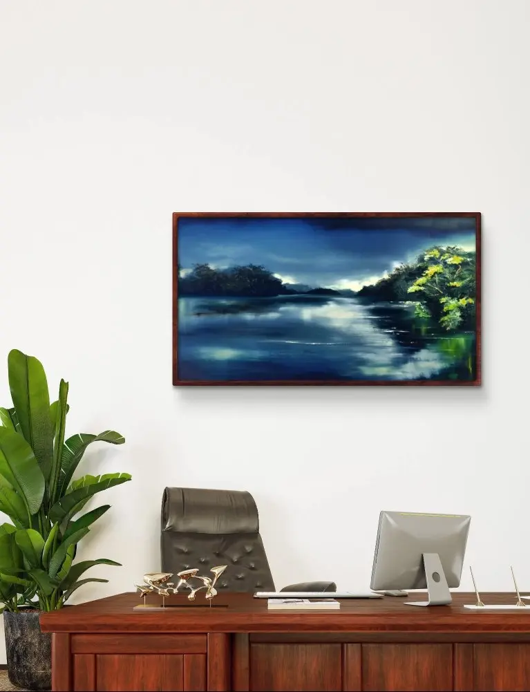 Scenic river landscape painting in modern office setting