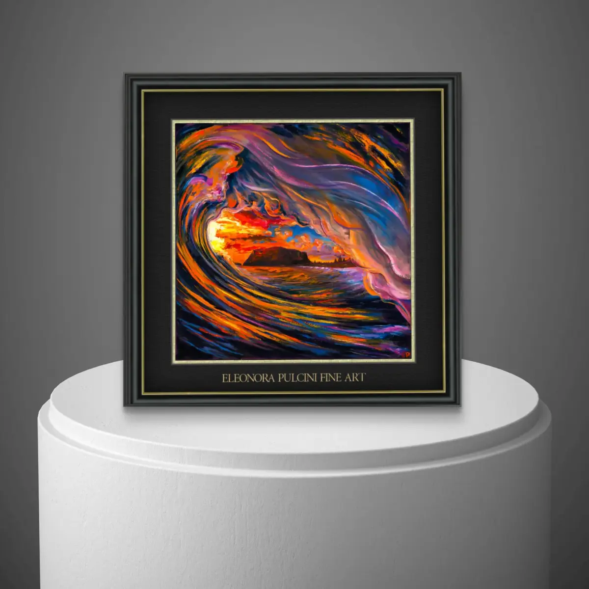 Vibrant abstract painting on display in gallery.