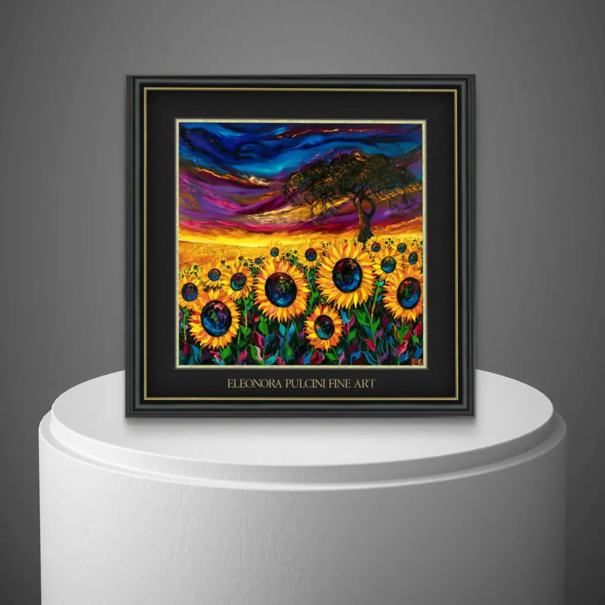 Vibrant sunflower field painting with dramatic sunset sky