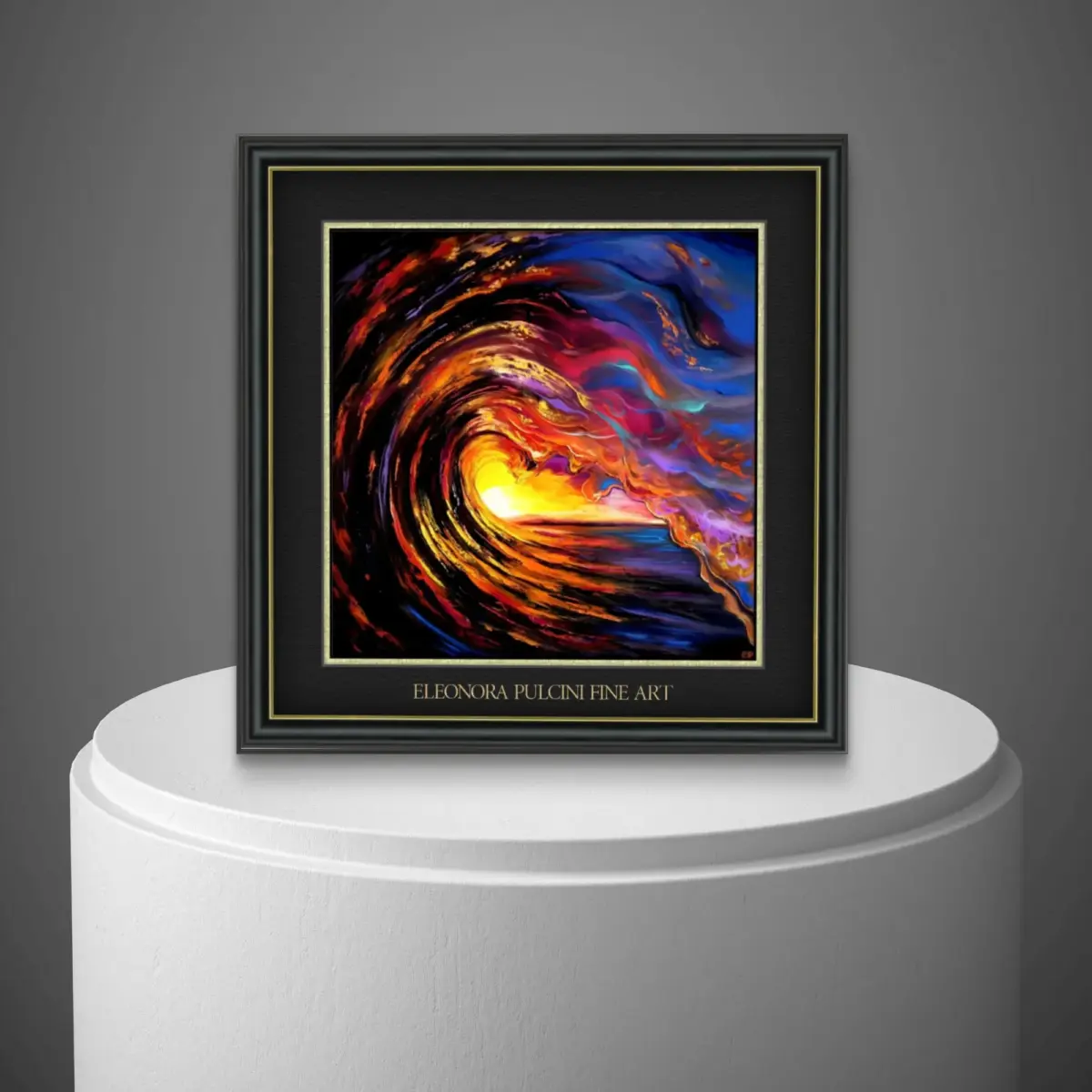 Colourful abstract swirl painting on display