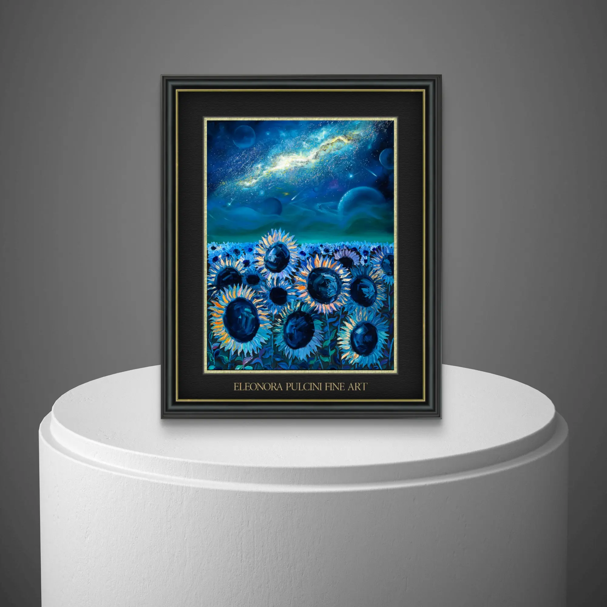 let us heal Framed painting of blue sunflowers under a starry sky