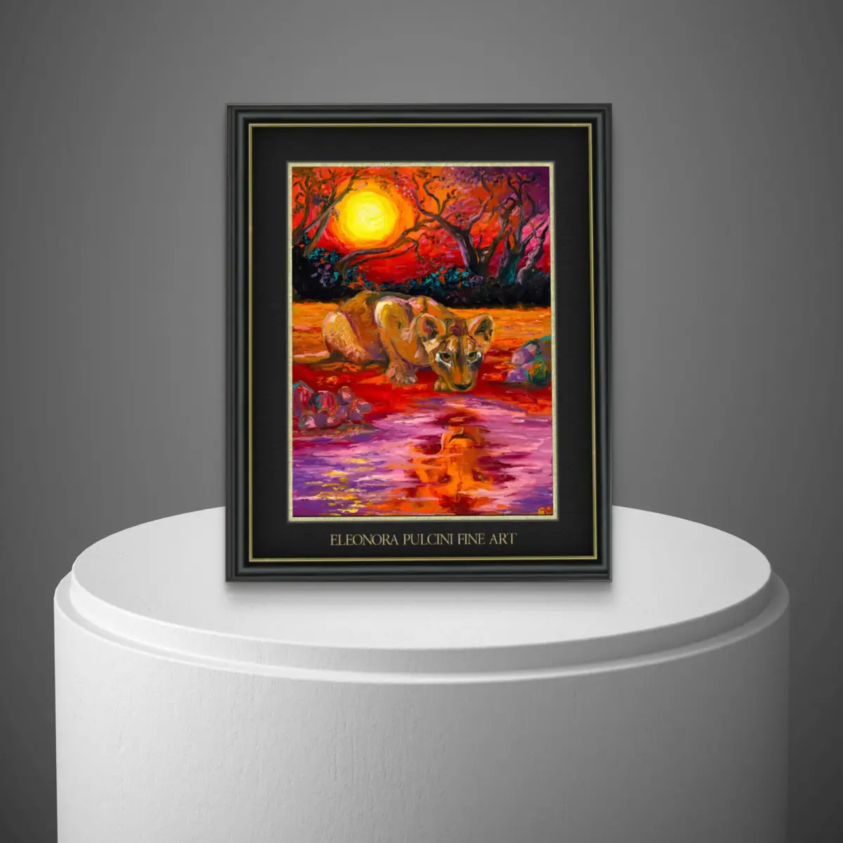 Vibrant painting of lioness at sunset by water
