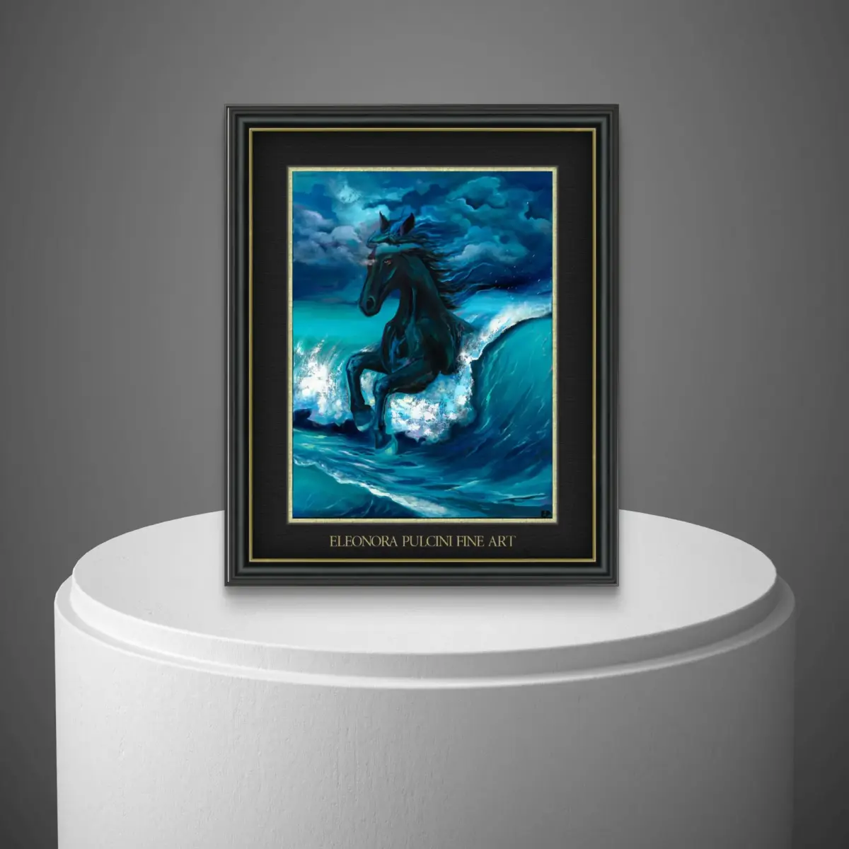 Framed painting of a horse galloping on ocean waves