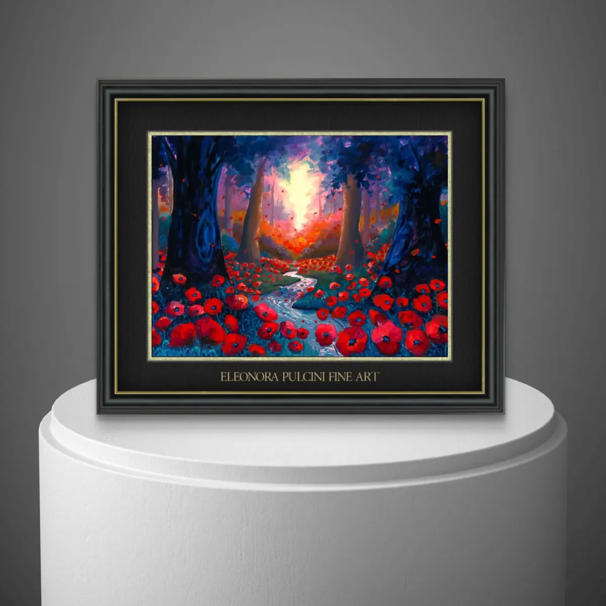 Vibrant forest painting with red flowers and sunset