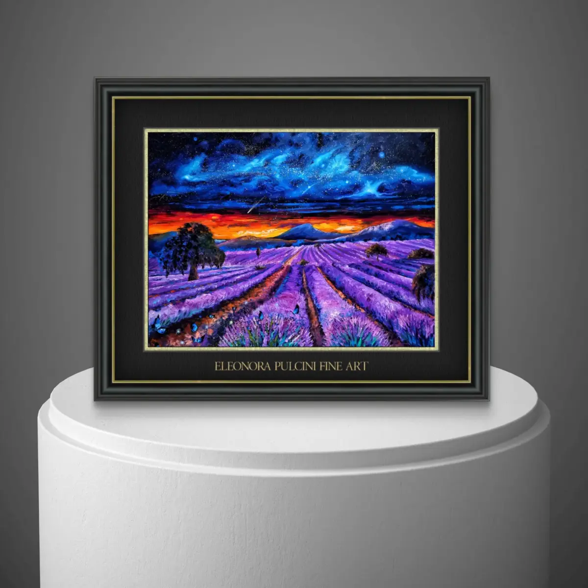Vivid lavender field painting under starry sky
