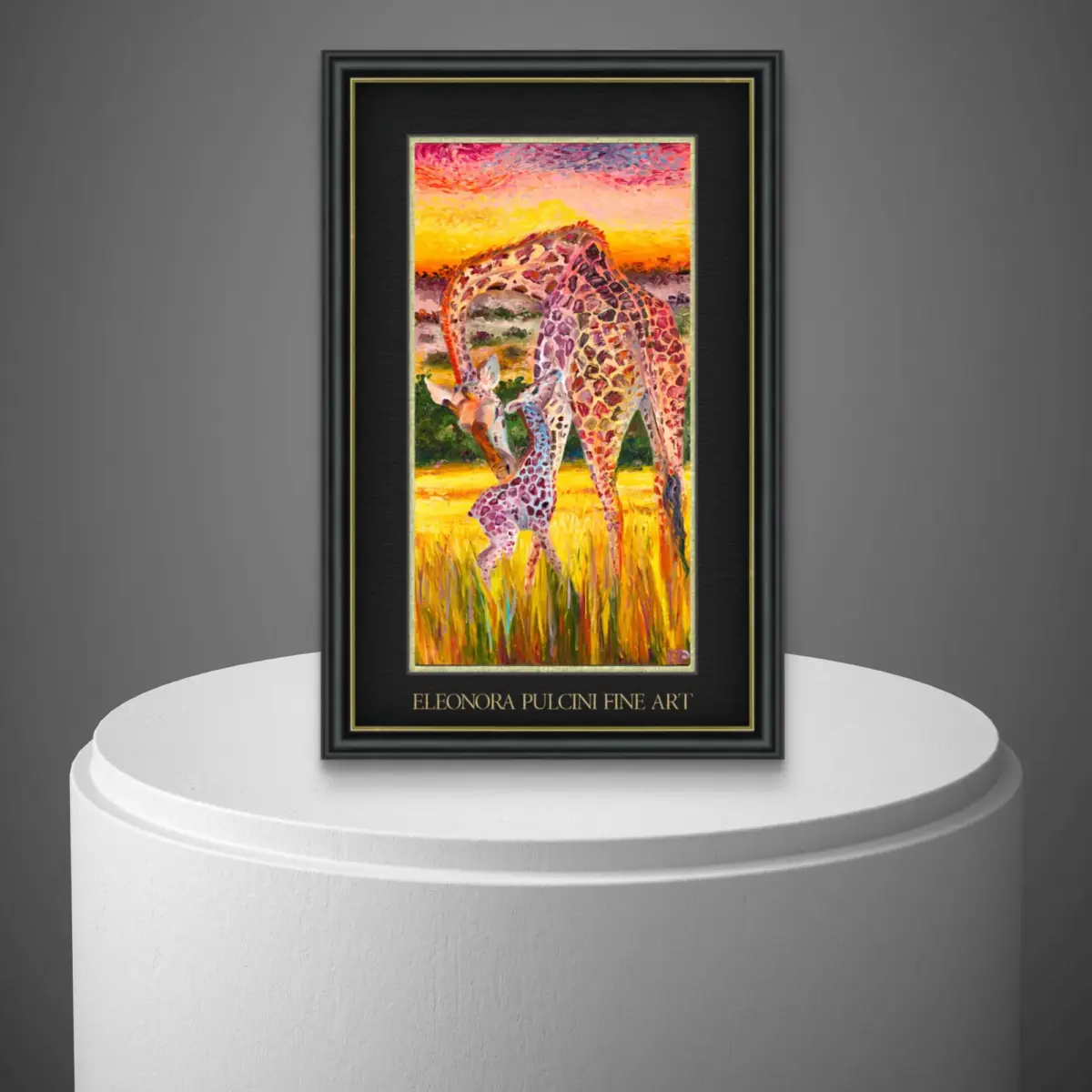 Giraffe painting on gallery pedestal by Eleonora Pulcini