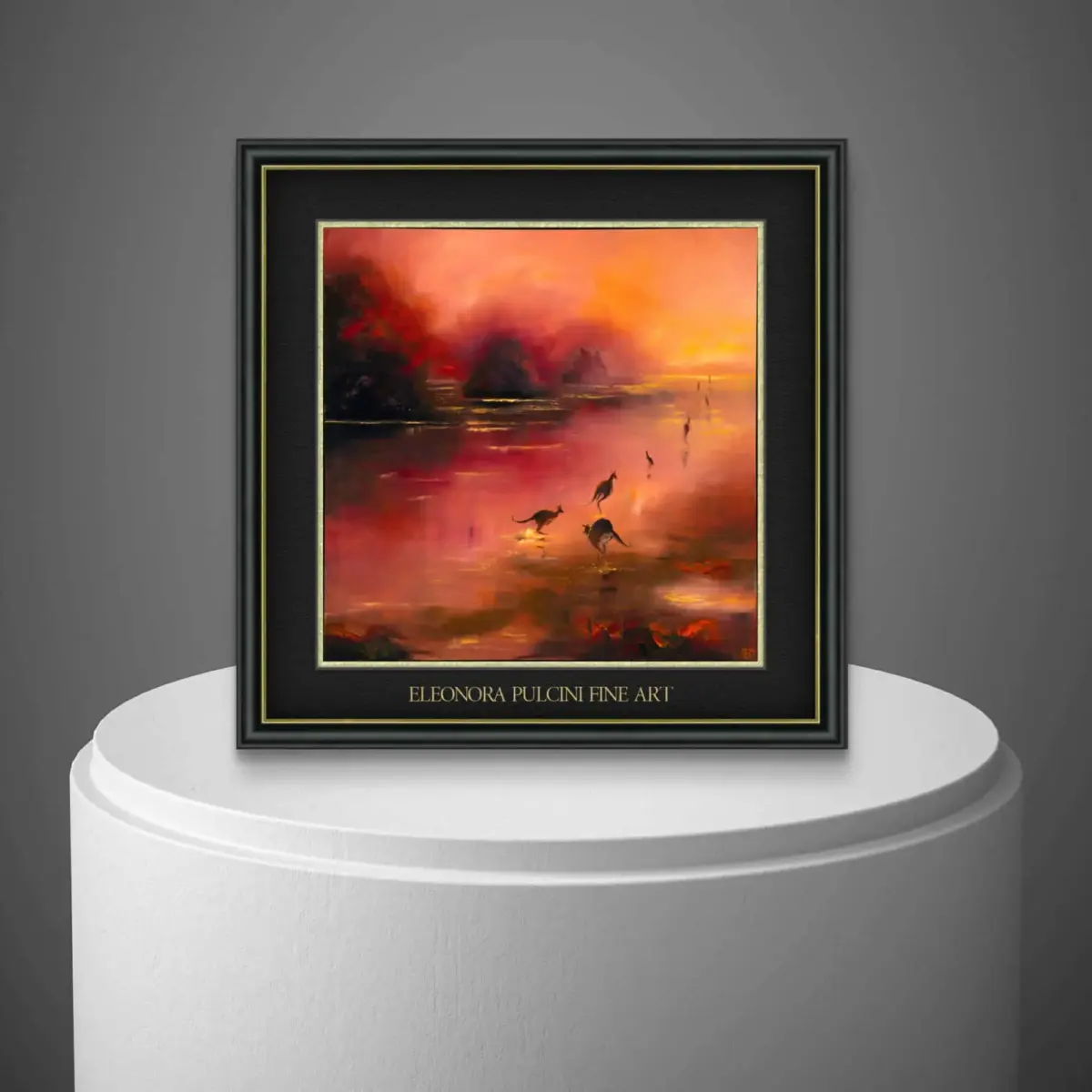 Sunset lakescape painting by Eleonora Pulcini on display