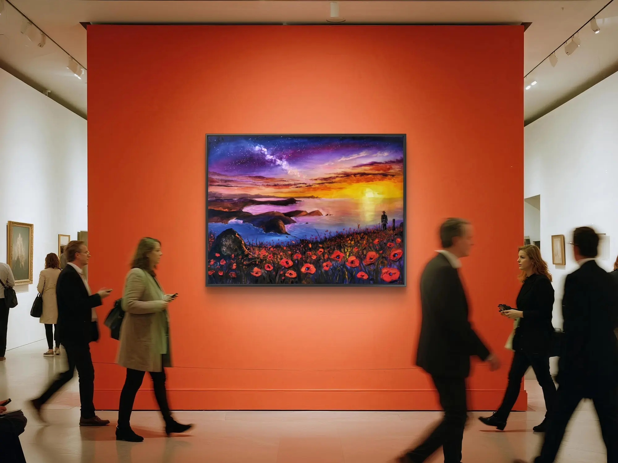 Visitors pass colourful coastal painting in gallery