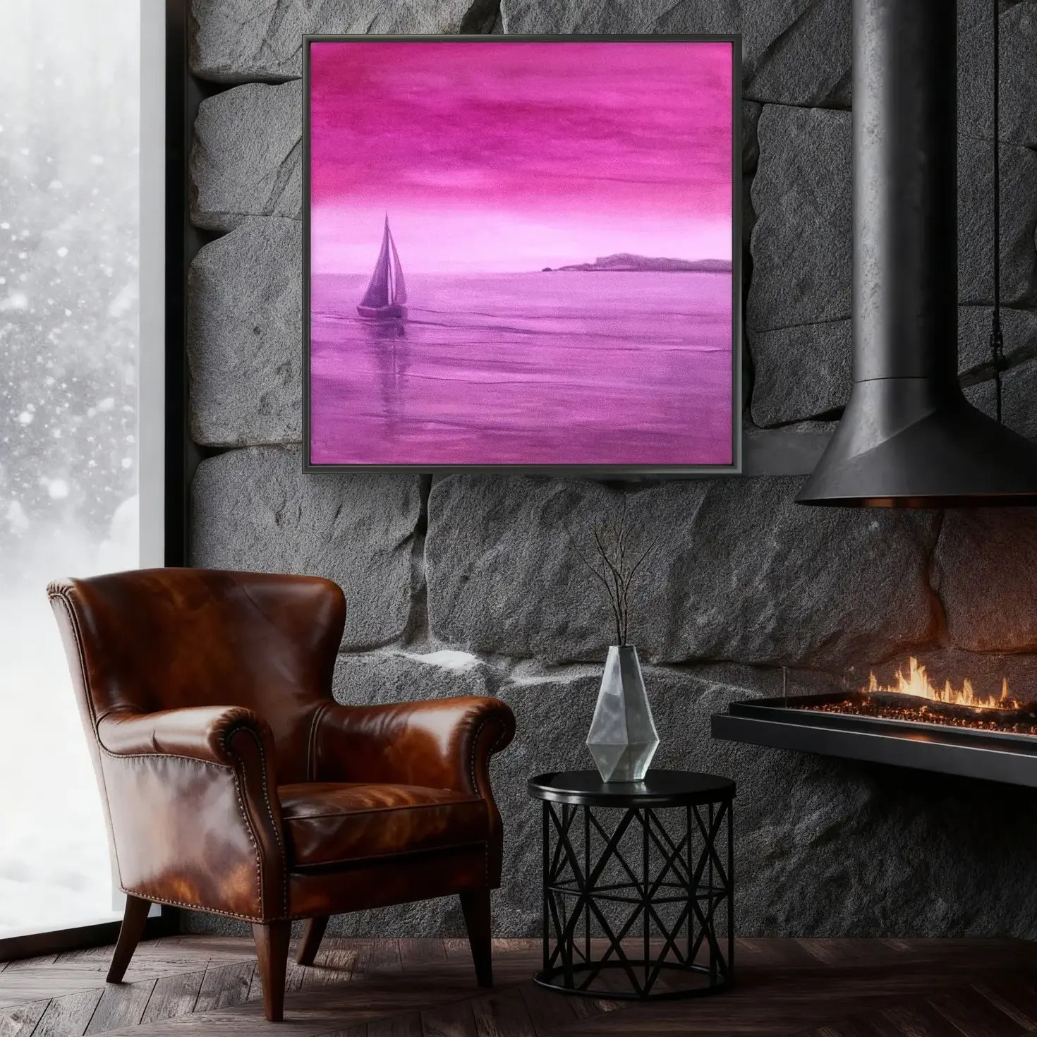 Pink sailboat painting above fireplace in stone lounge