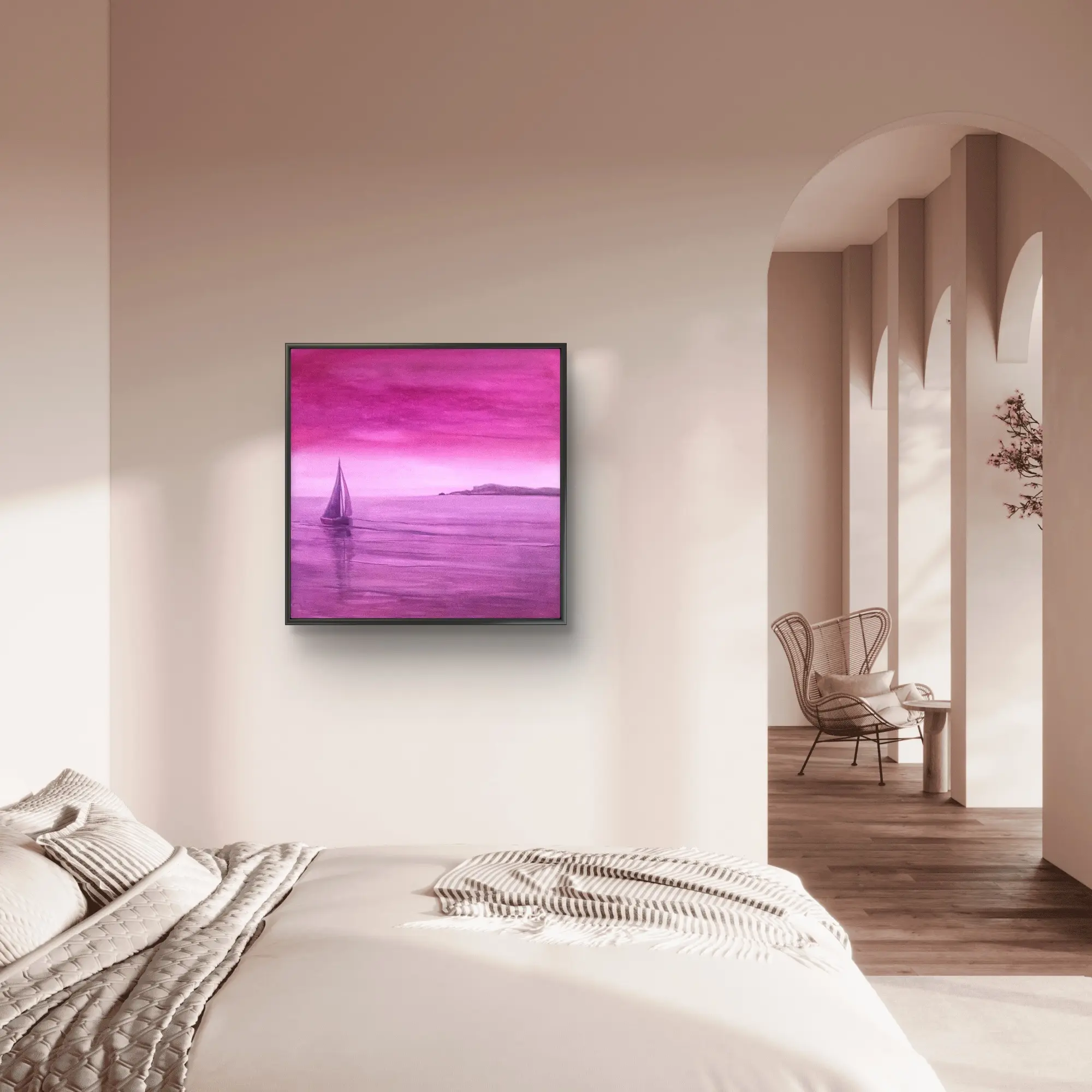 Pink sailboat artwork in modern bedroom