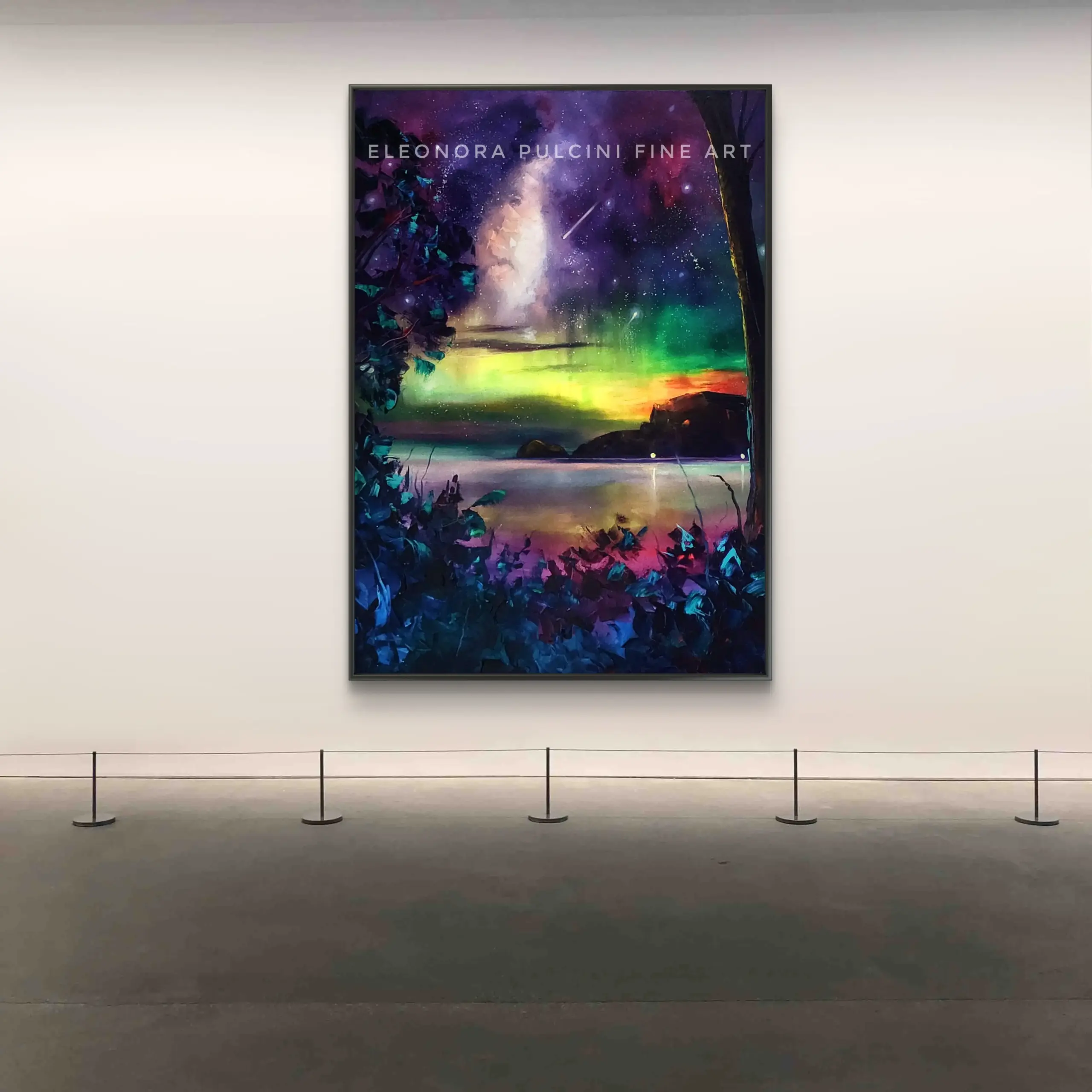 Vibrant aurora landscape painting in modern gallery