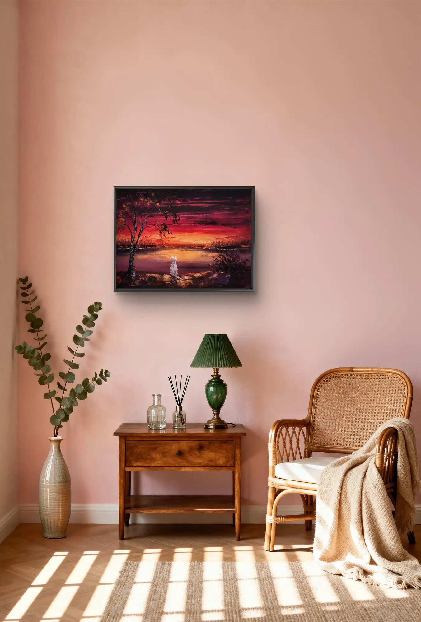 Cosy corner with sunset painting and rattan chair
