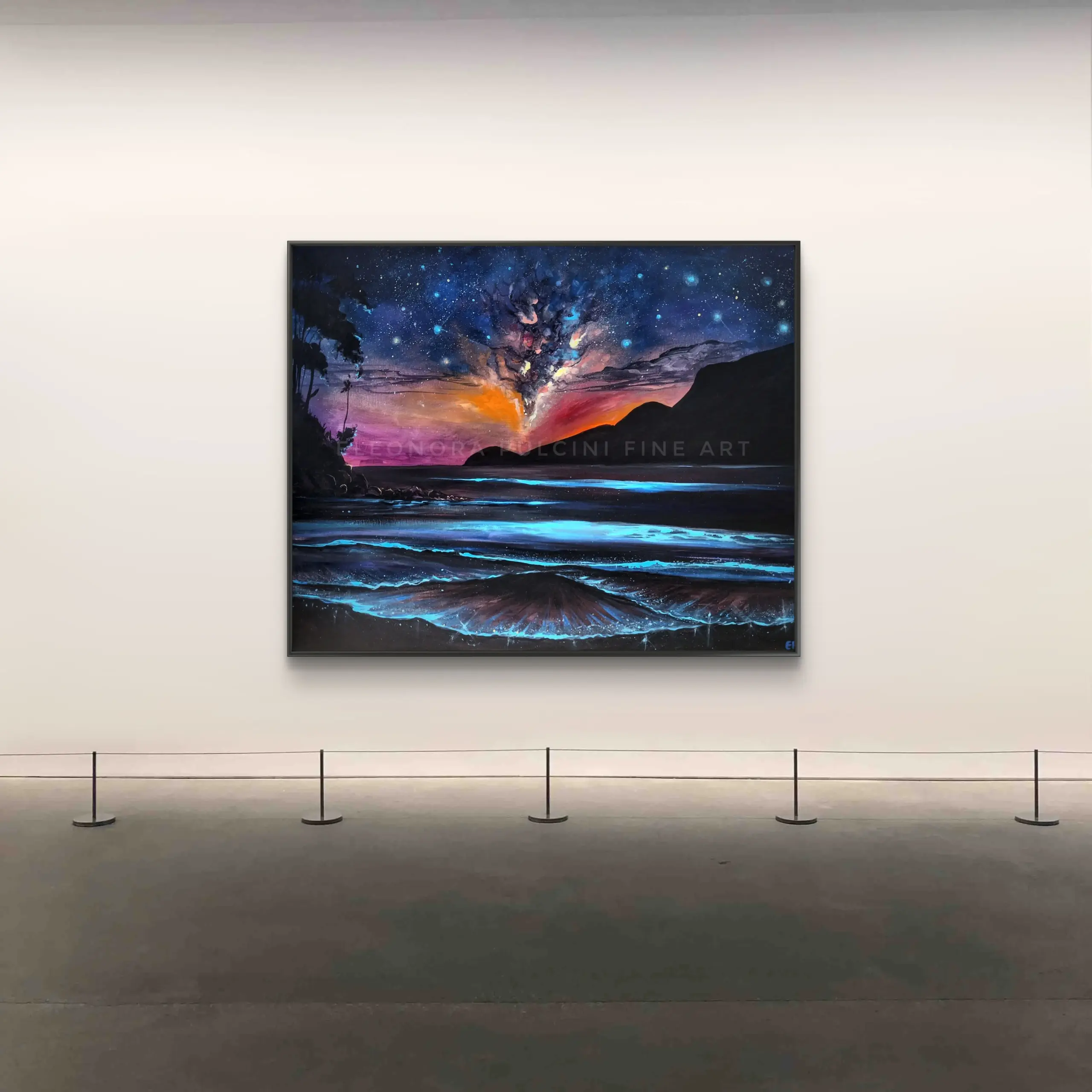 Large galaxy seascape painting in modern gallery