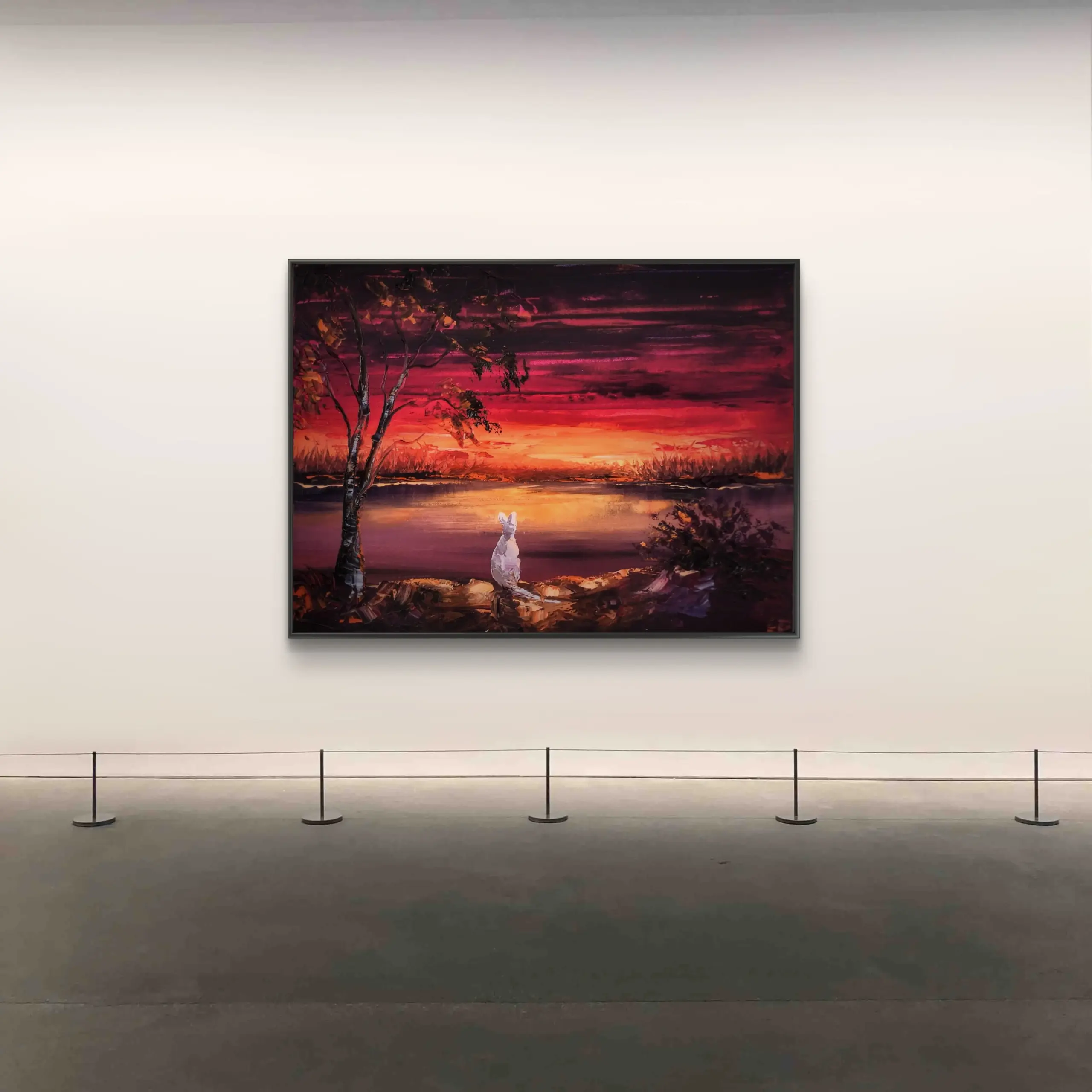 Large sunset landscape painting in modern gallery