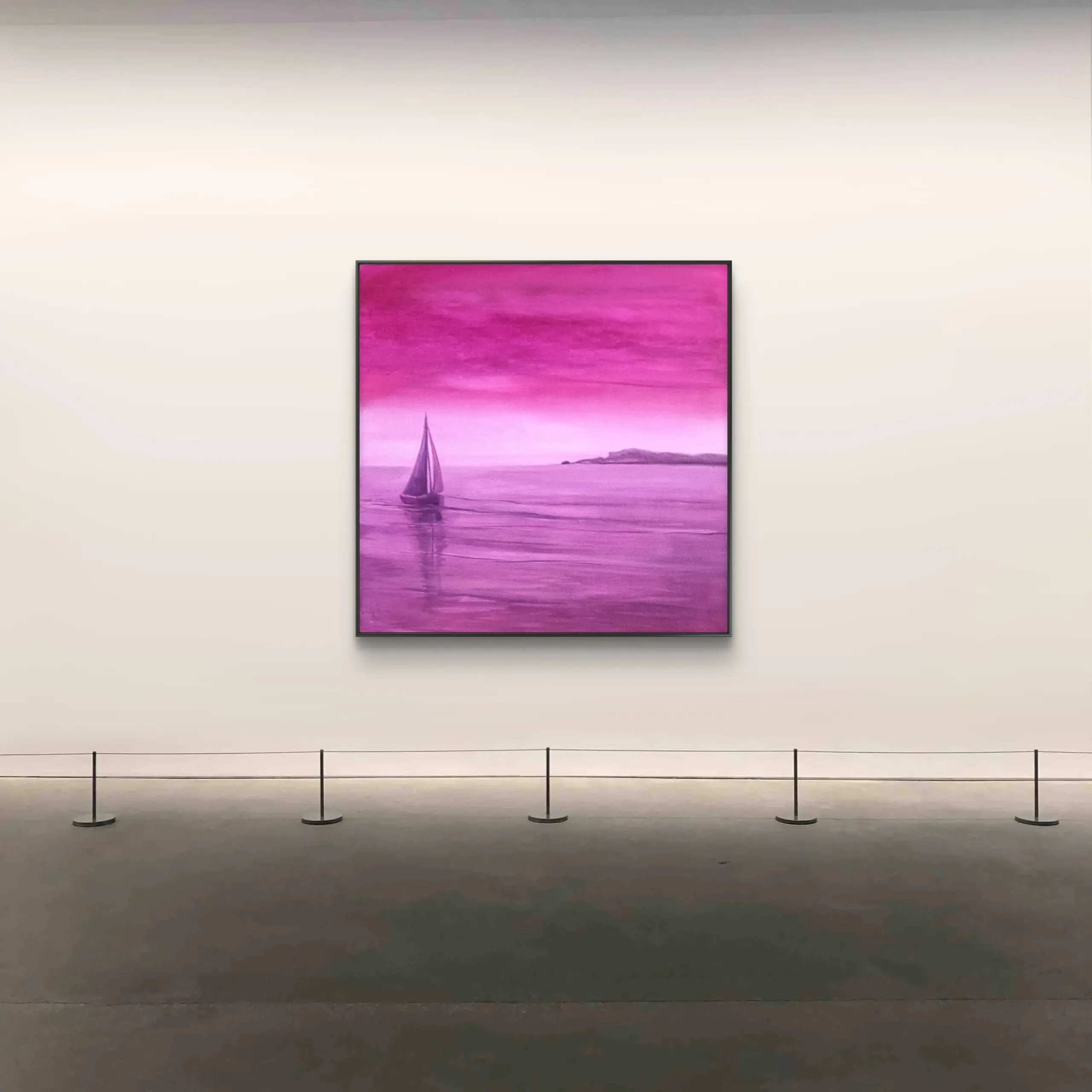 Sailboat on pink sea in gallery painting