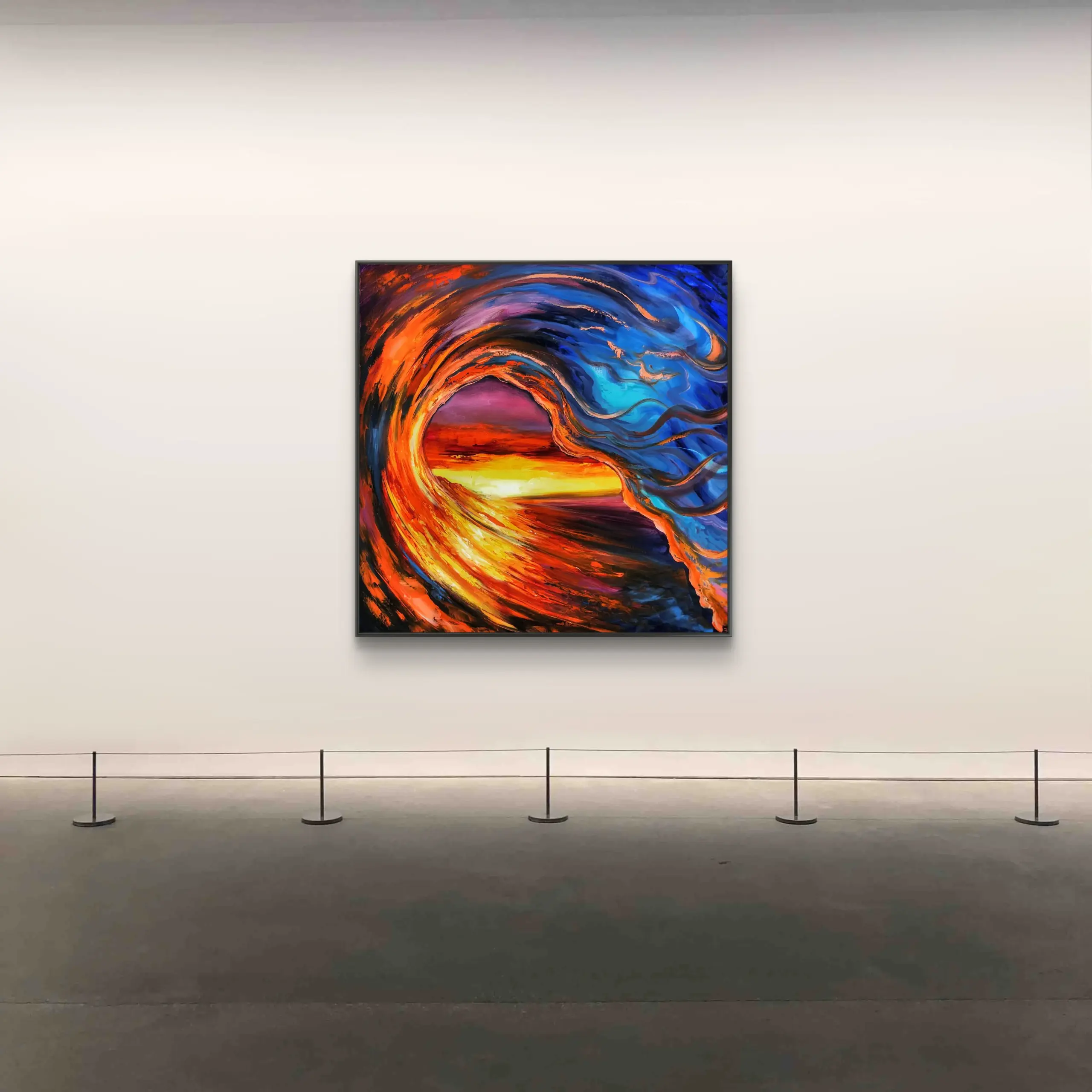 Abstract wave painting in modern gallery space