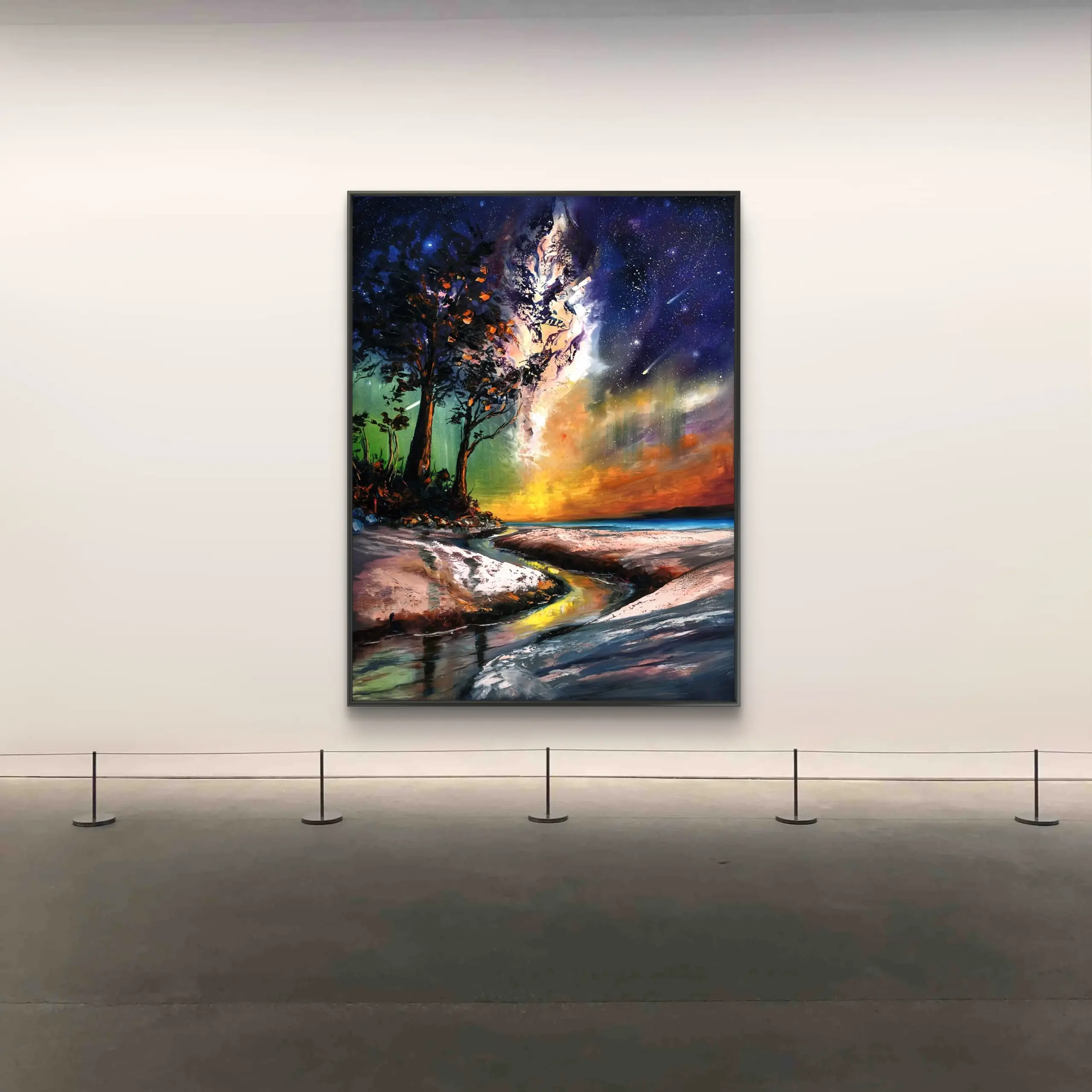 Colourful landscape painting with river and starry sky