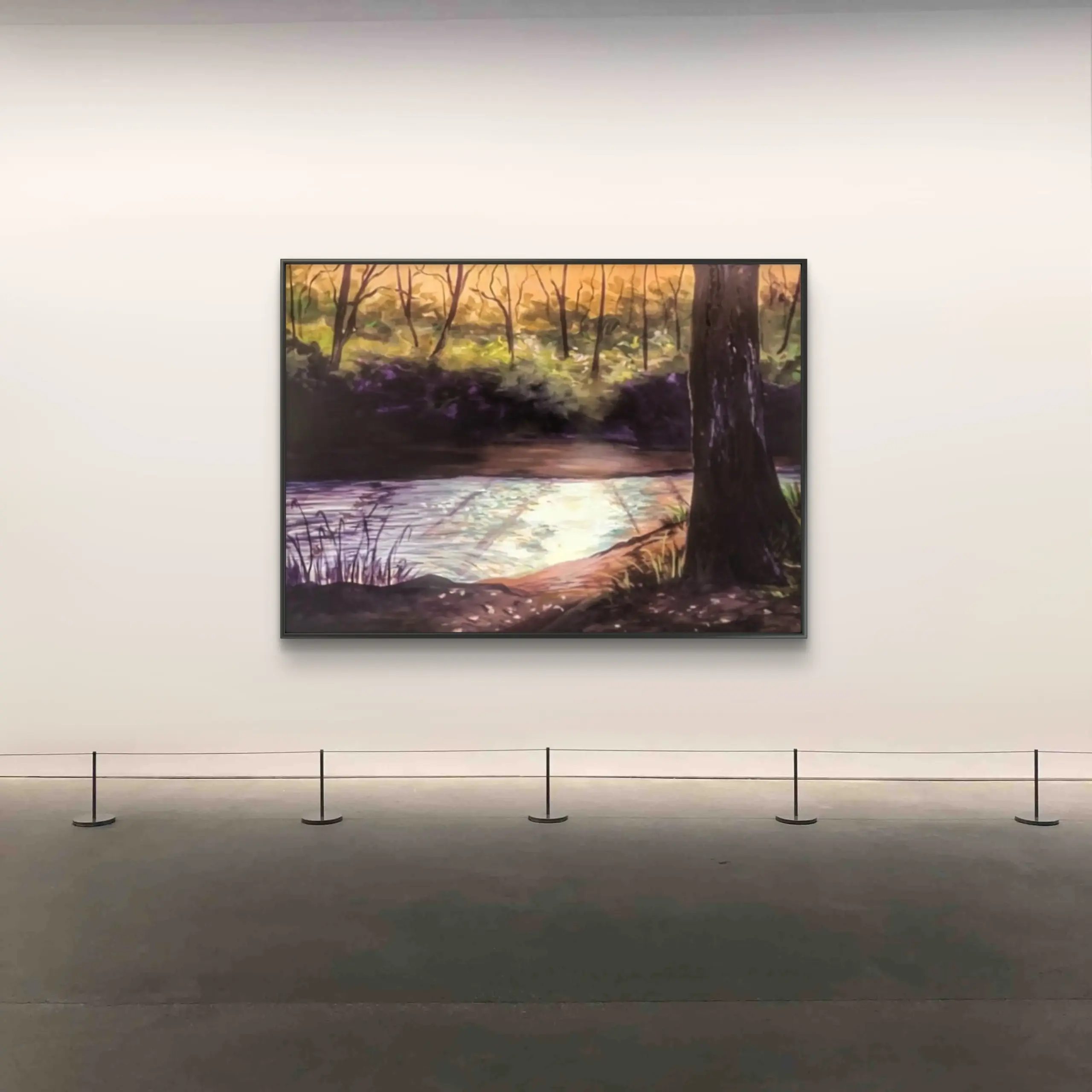Landscape painting of river and trees in gallery