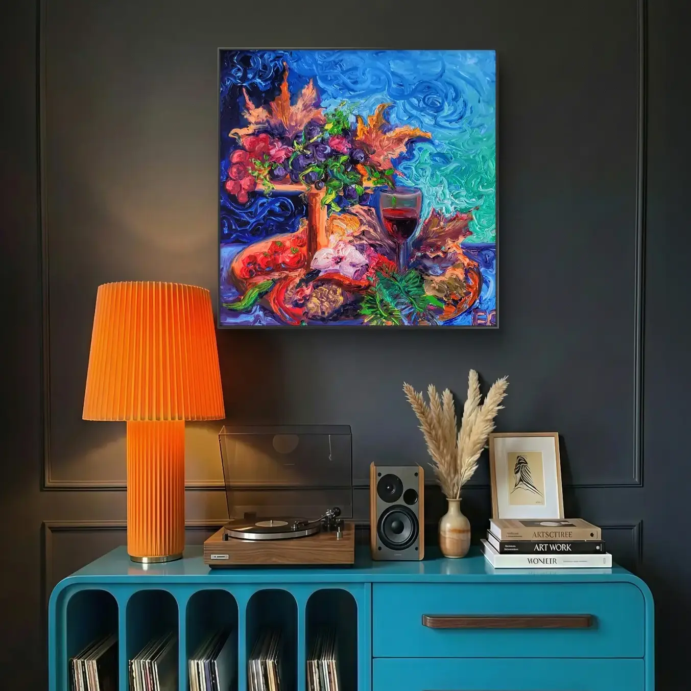 Teal cabinet with turntable and colourful artwork above