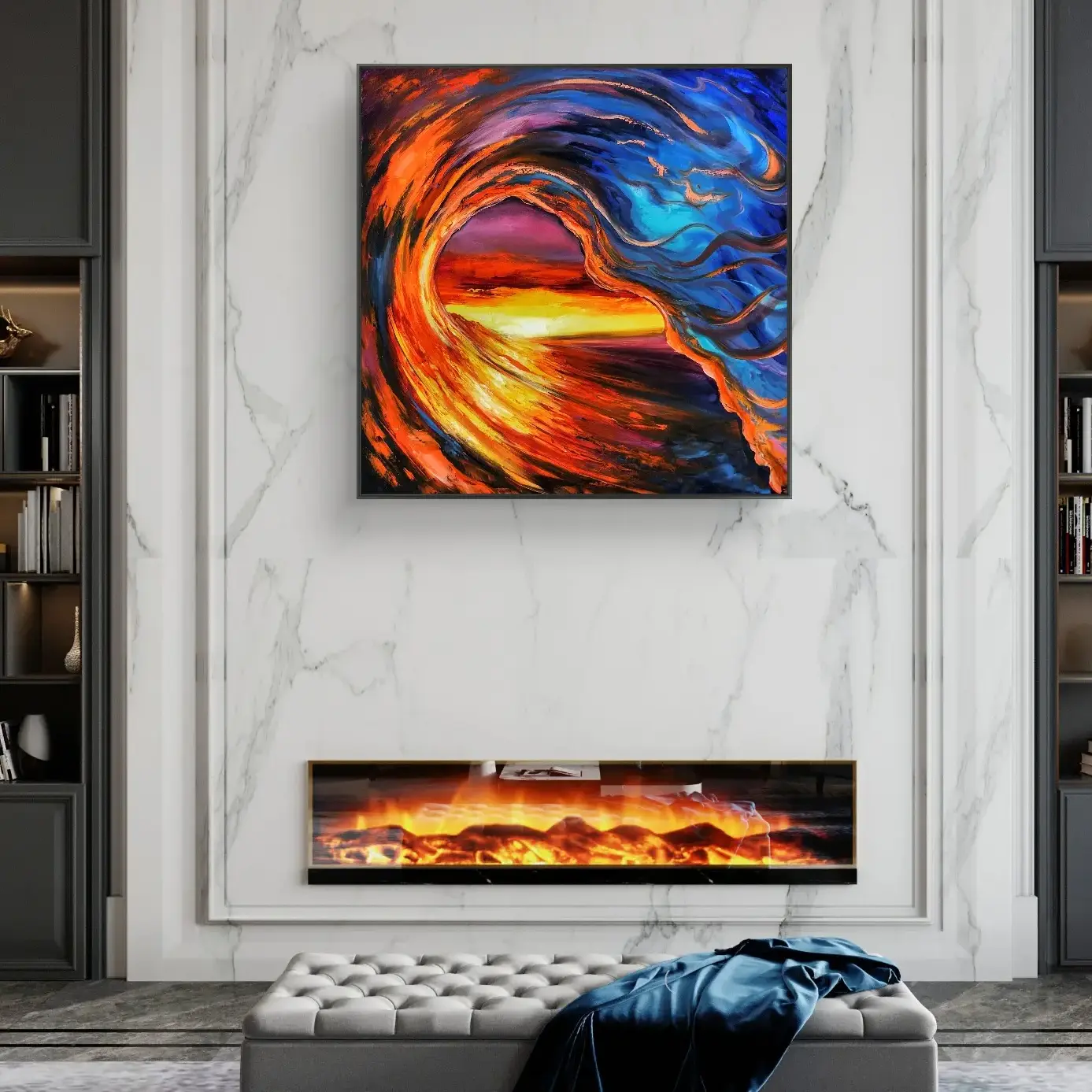 Colourful wave sunset artwork above modern fireplace