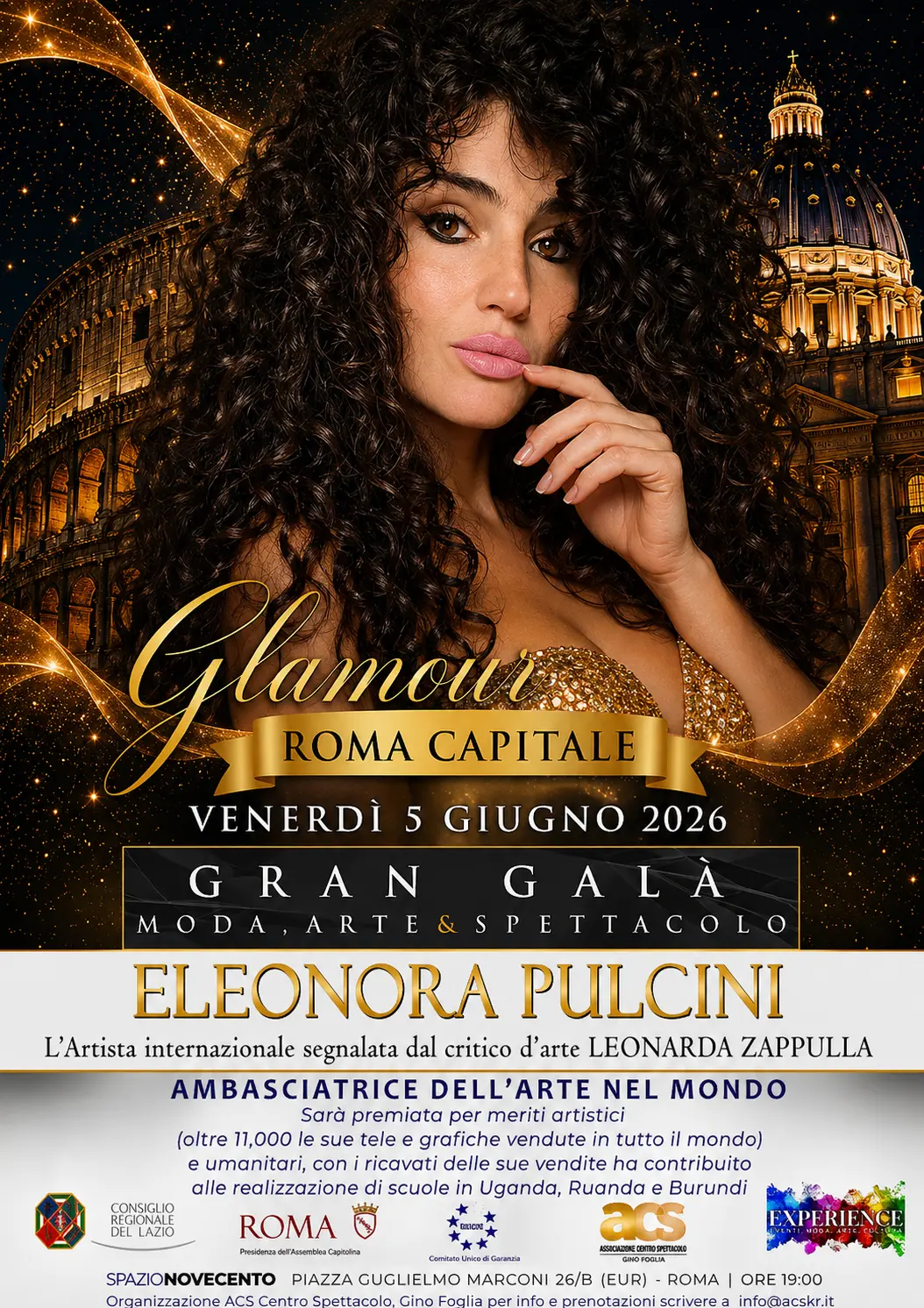 Glamorous gala poster featuring woman and Rome landmarks