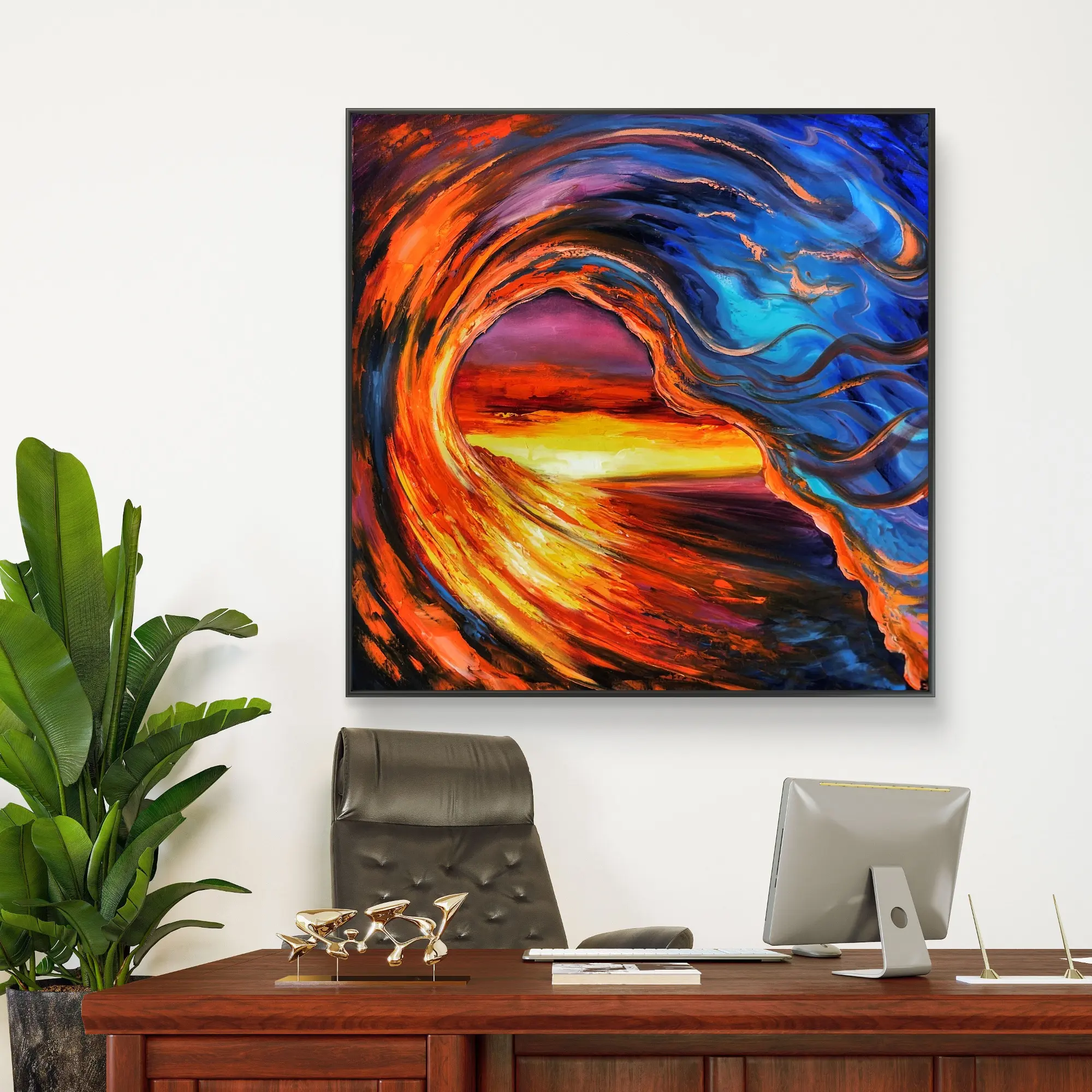 Vibrant abstract wave painting above office desk