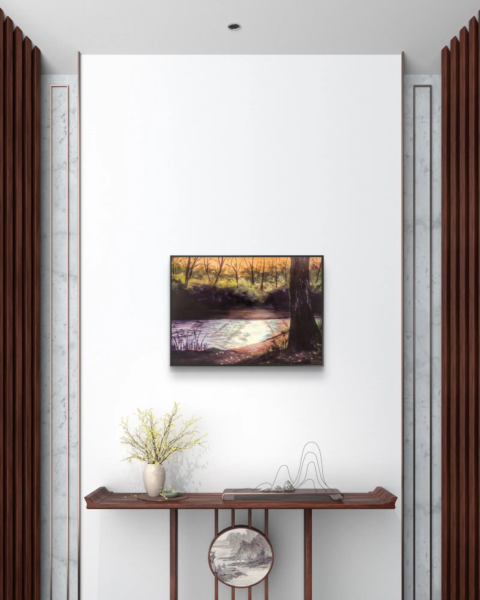 Framed landscape painting above wooden console table