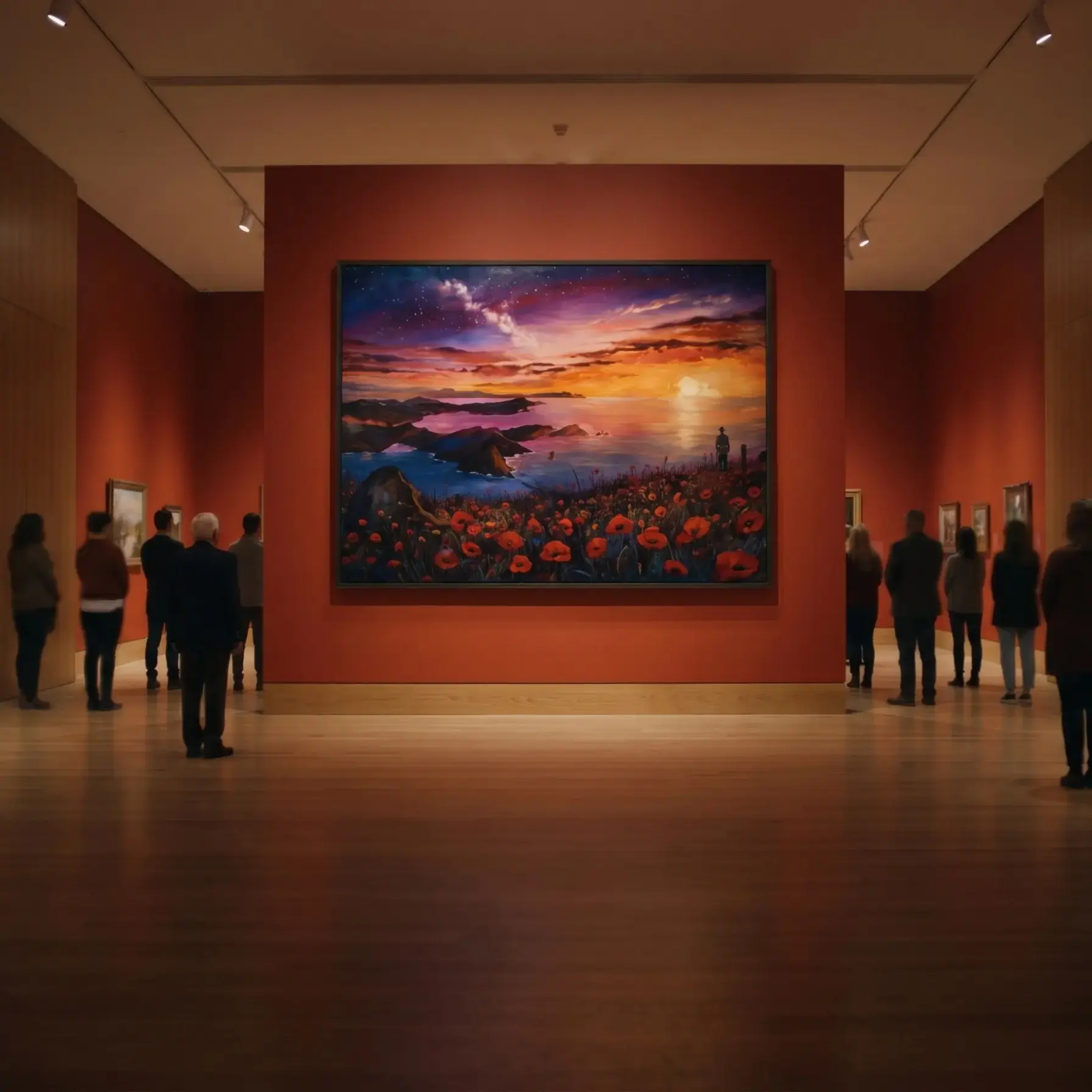 Visitors viewing large sunset landscape painting in gallery