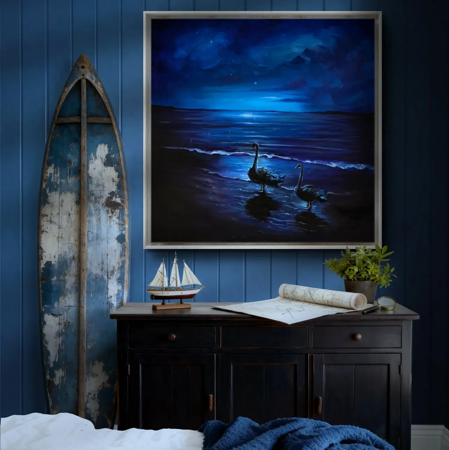 Framed swans on moonlit ocean painting