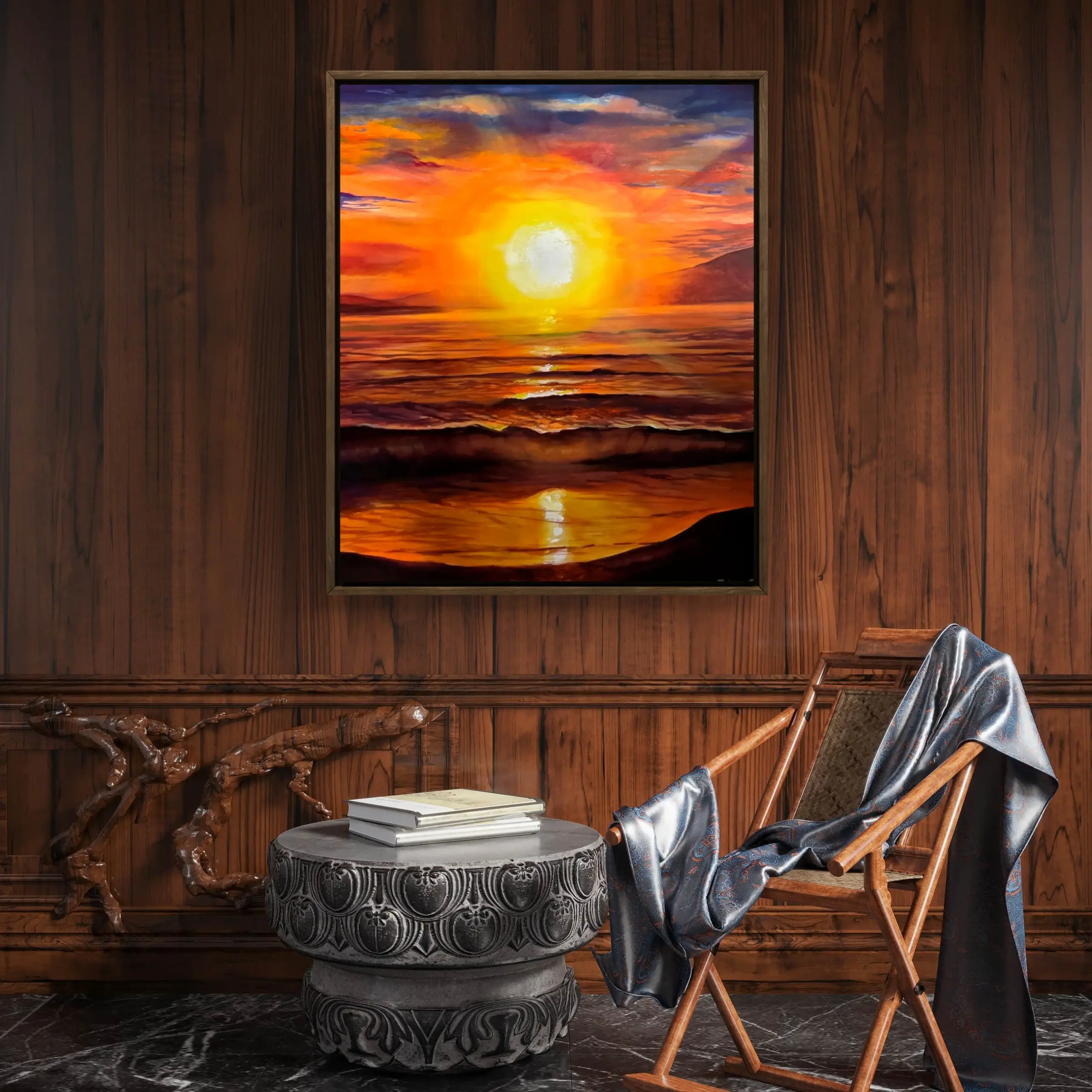 Framed sunset ocean painting on wood-panelled wall