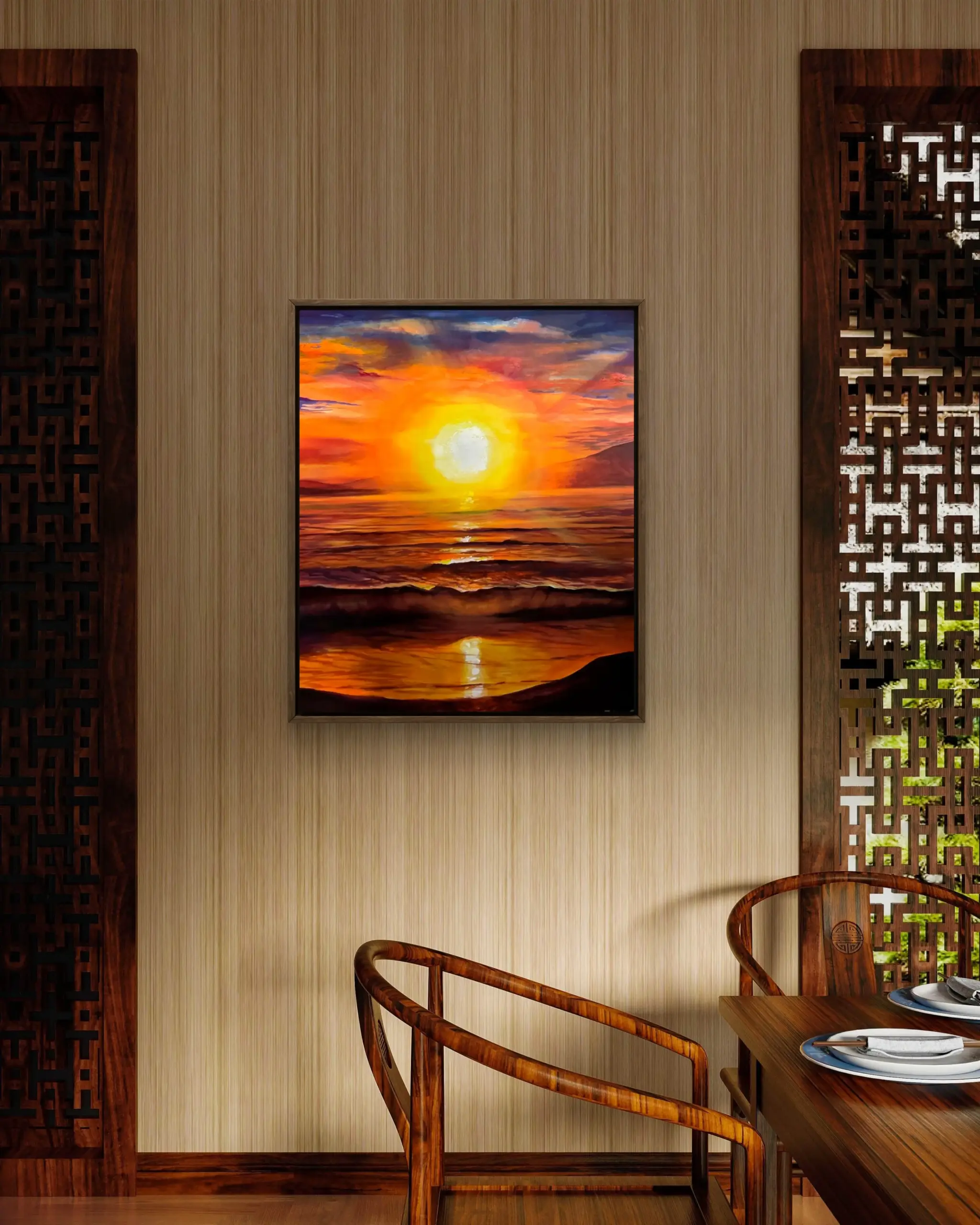 Framed sunset ocean painting on dining room wall