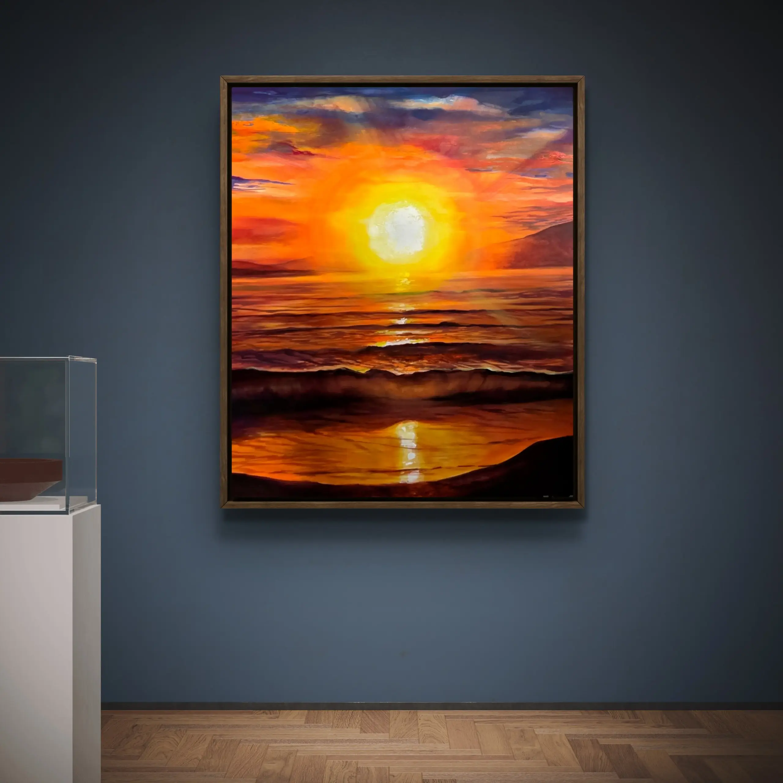 Framed sunset seascape painting on gallery wall