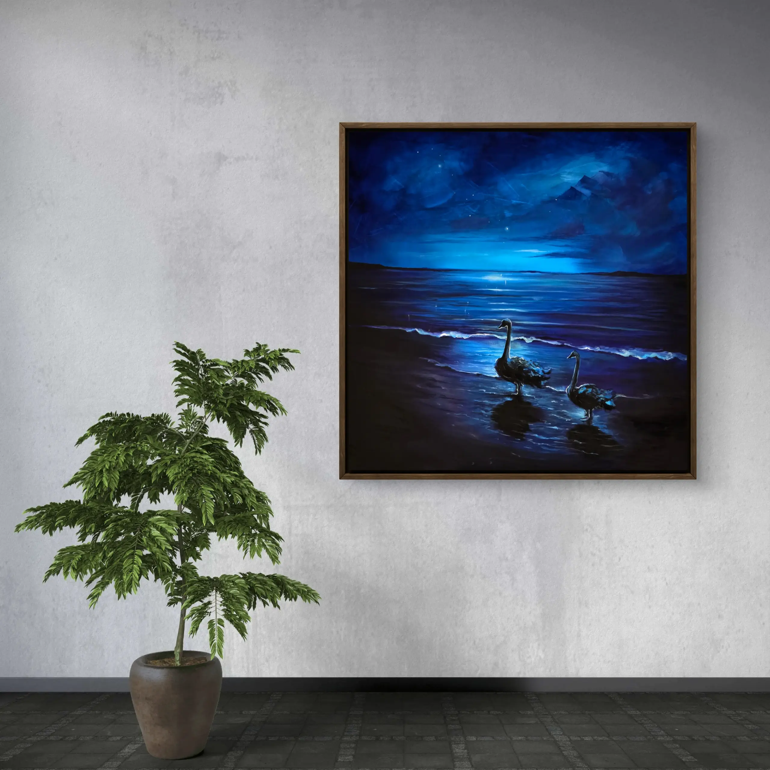 1000154733 Framed night seascape painting with two swans