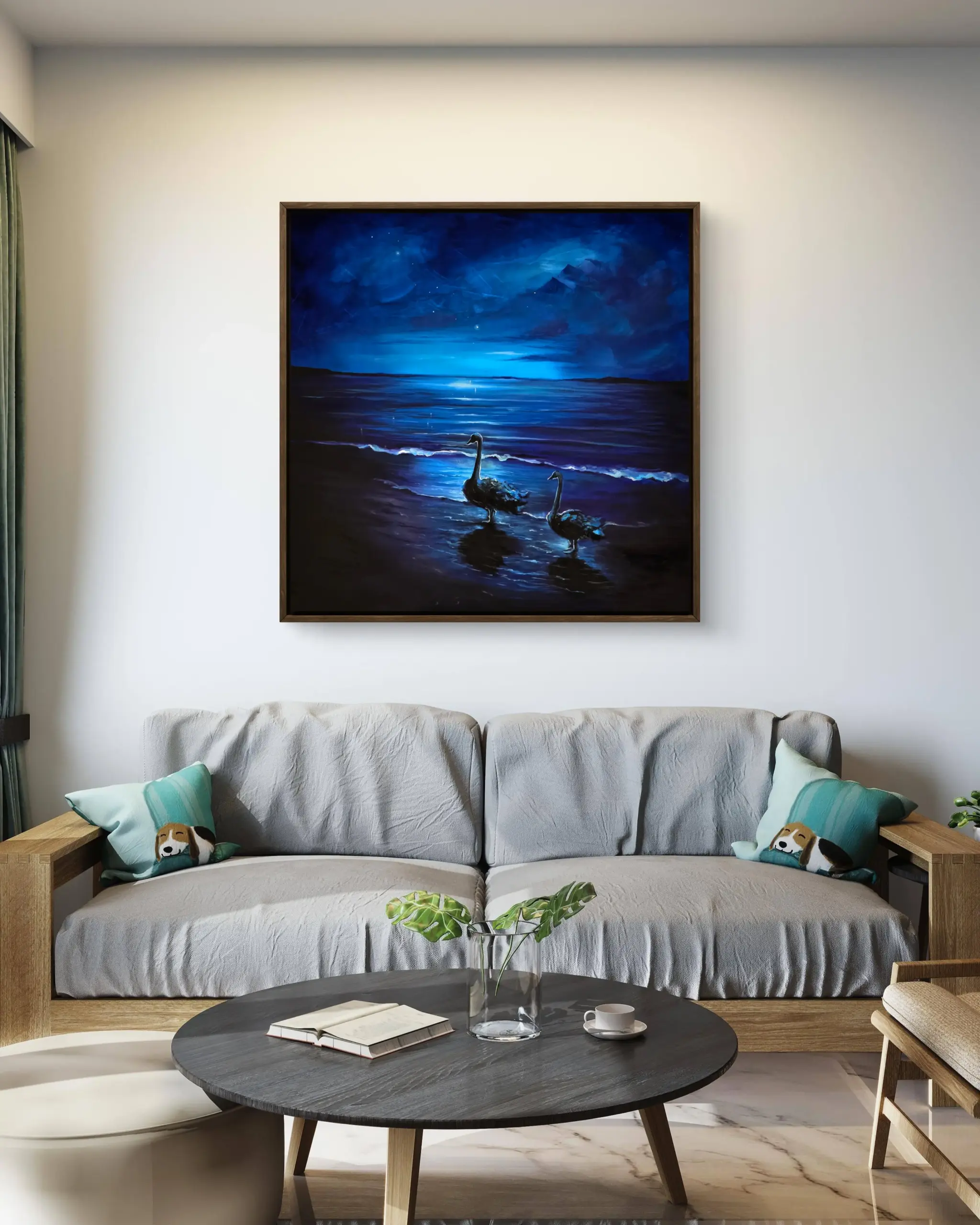 1000154734 Framed swan painting above modern living room sofa