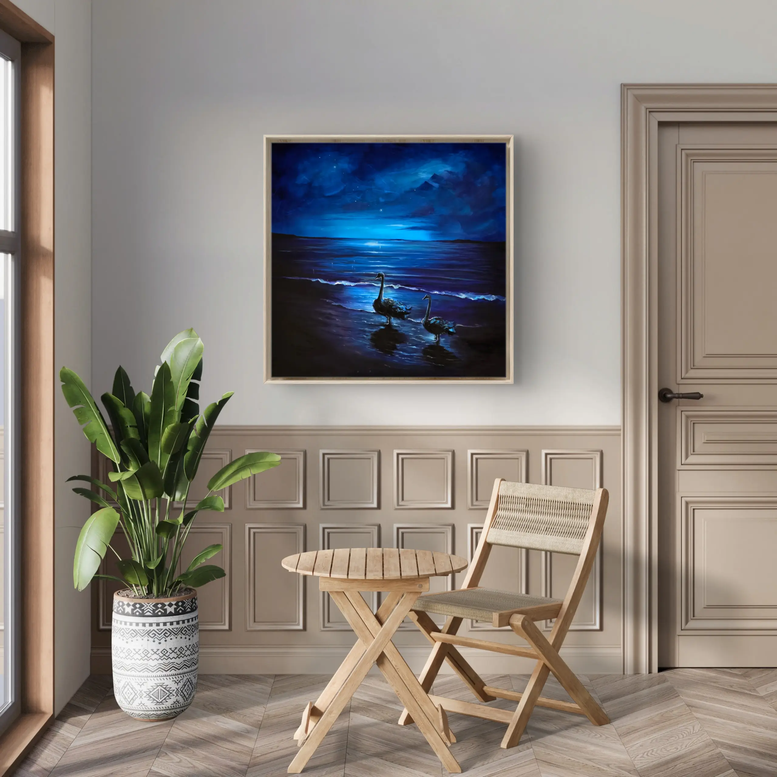 1000154735 Framed swan painting above chair and plant