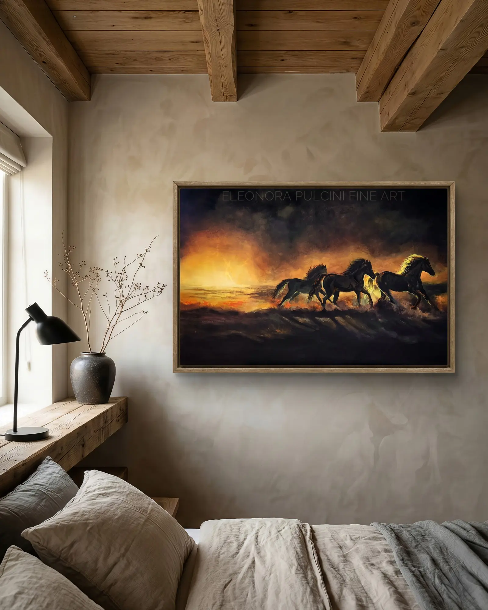 1000155332 Framed painting of galloping horses at sunset