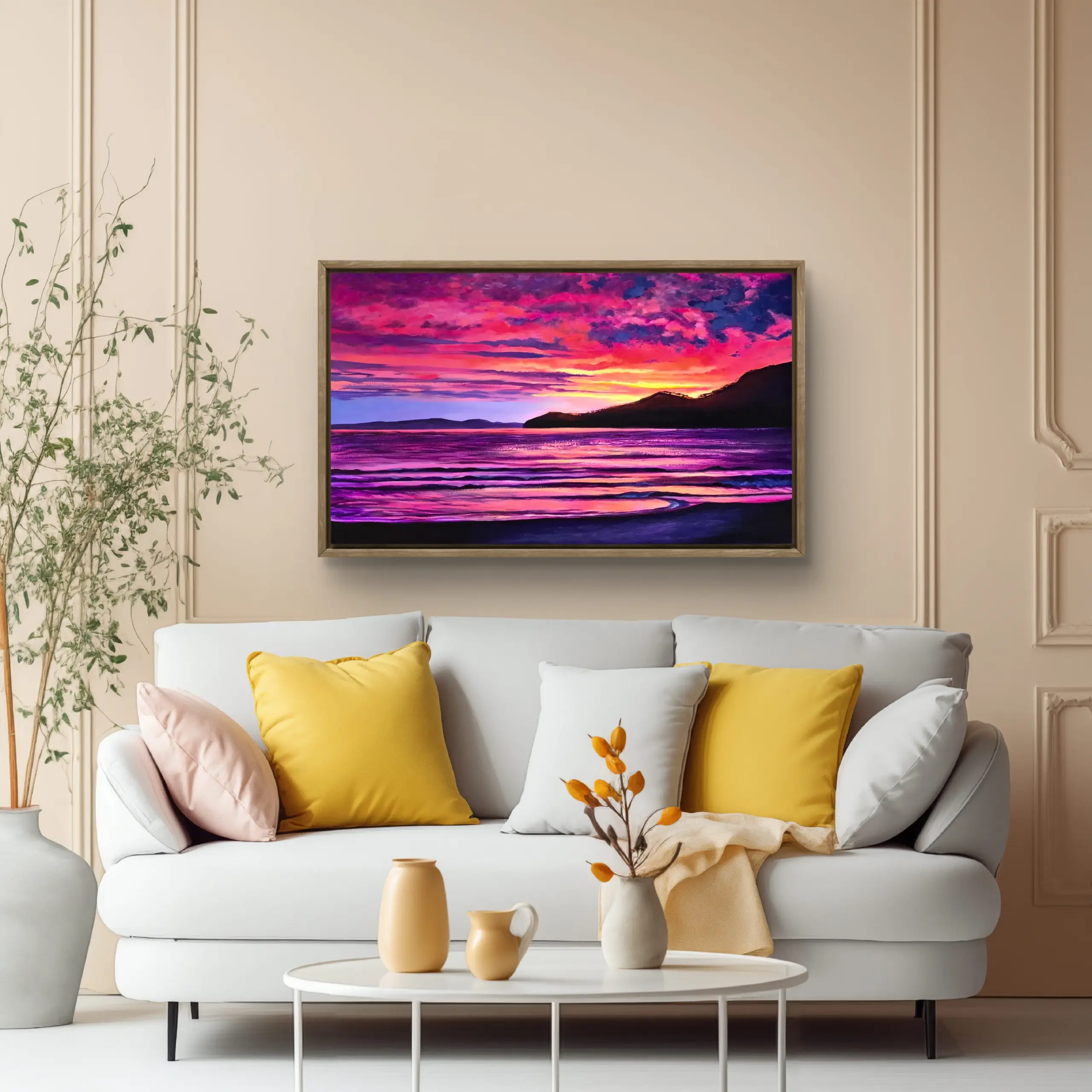 1000155709 Framed vibrant sunset seascape above modern sofa