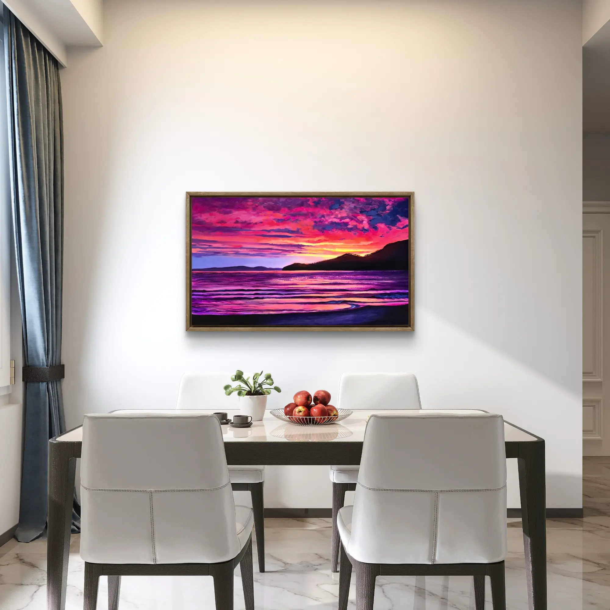 1000155710 Framed vibrant sunset beach painting above dining table