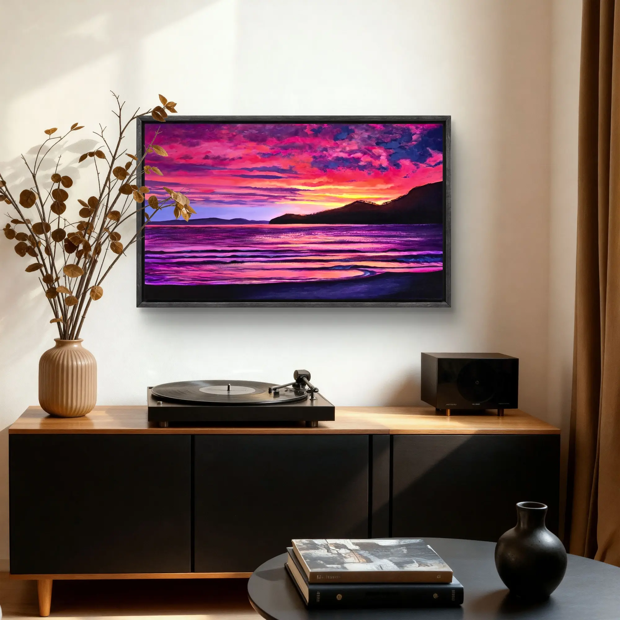 1000155713 Framed vibrant sunset seascape above modern console