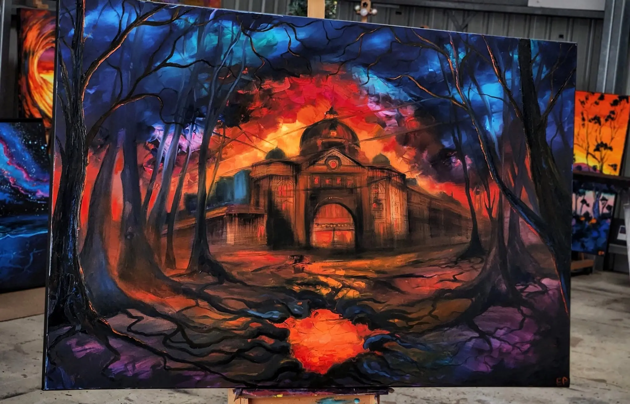 574068307 1436085091207256 2677780488380159290 n Dramatic painting of domed building in fiery forest