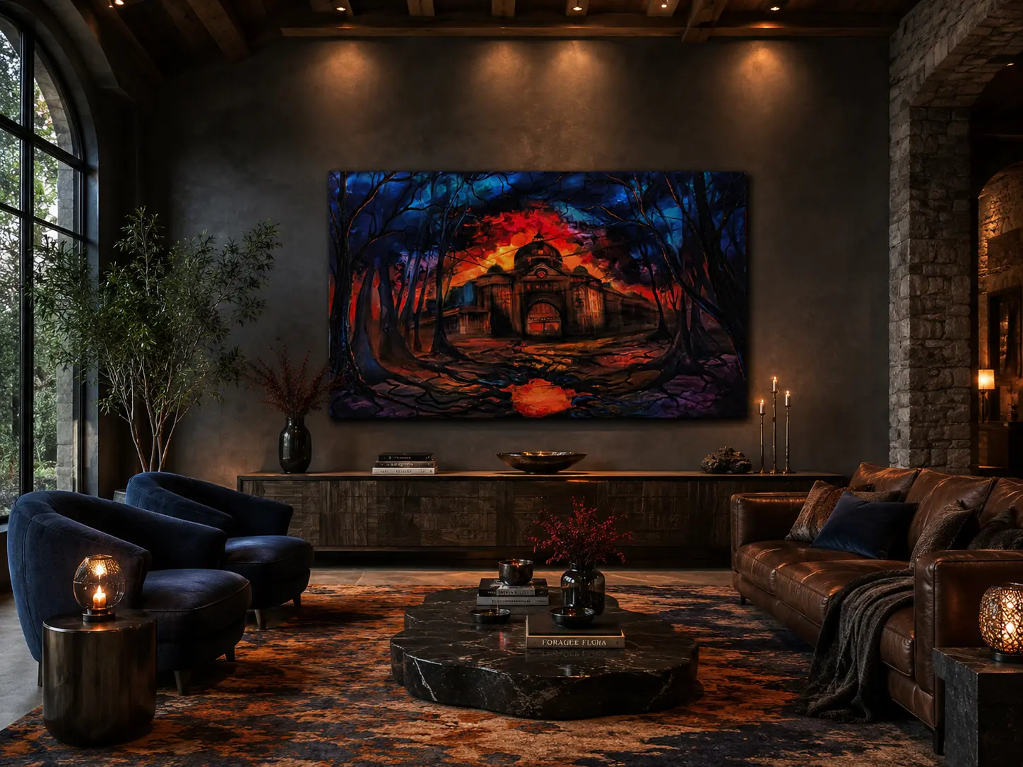Modern living room with dramatic forest artwork
