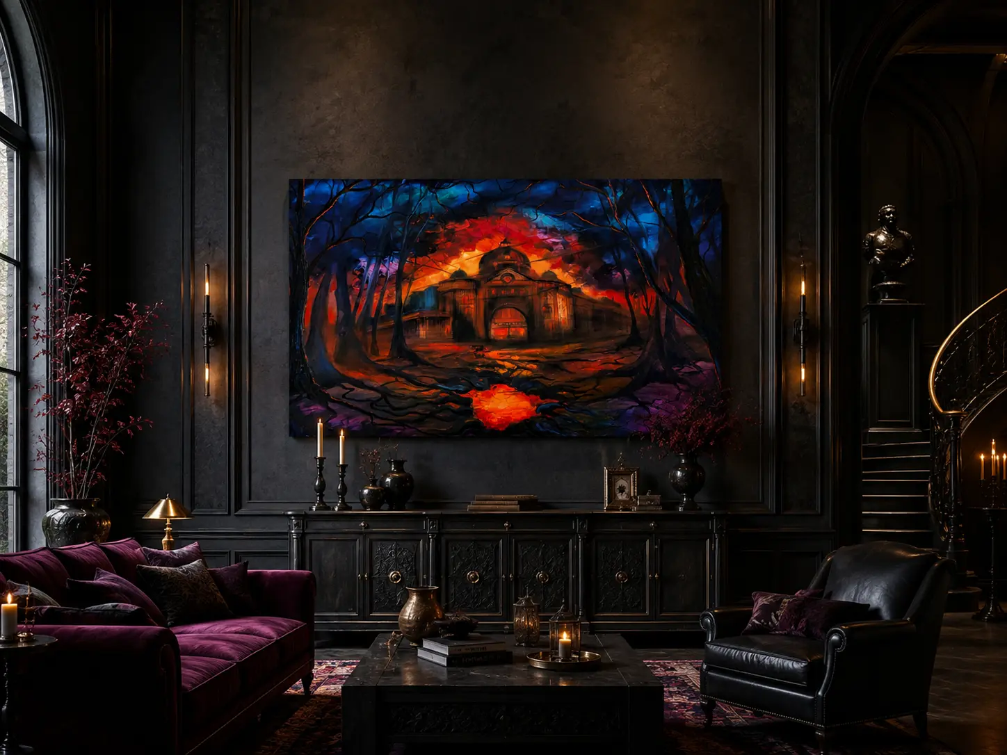 chatgpt image aug 1, 2026, 11 51 01 am Moody living room with dramatic fiery landscape painting